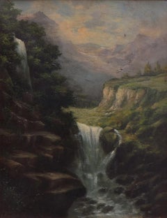 THE WATERFALL - English School - Italian Landscape Oil on Canvas Painting