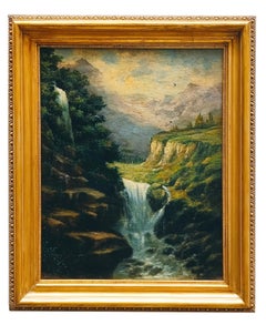 THE WATERFALL - English School - Italian Landscape Oil on Canvas Painting