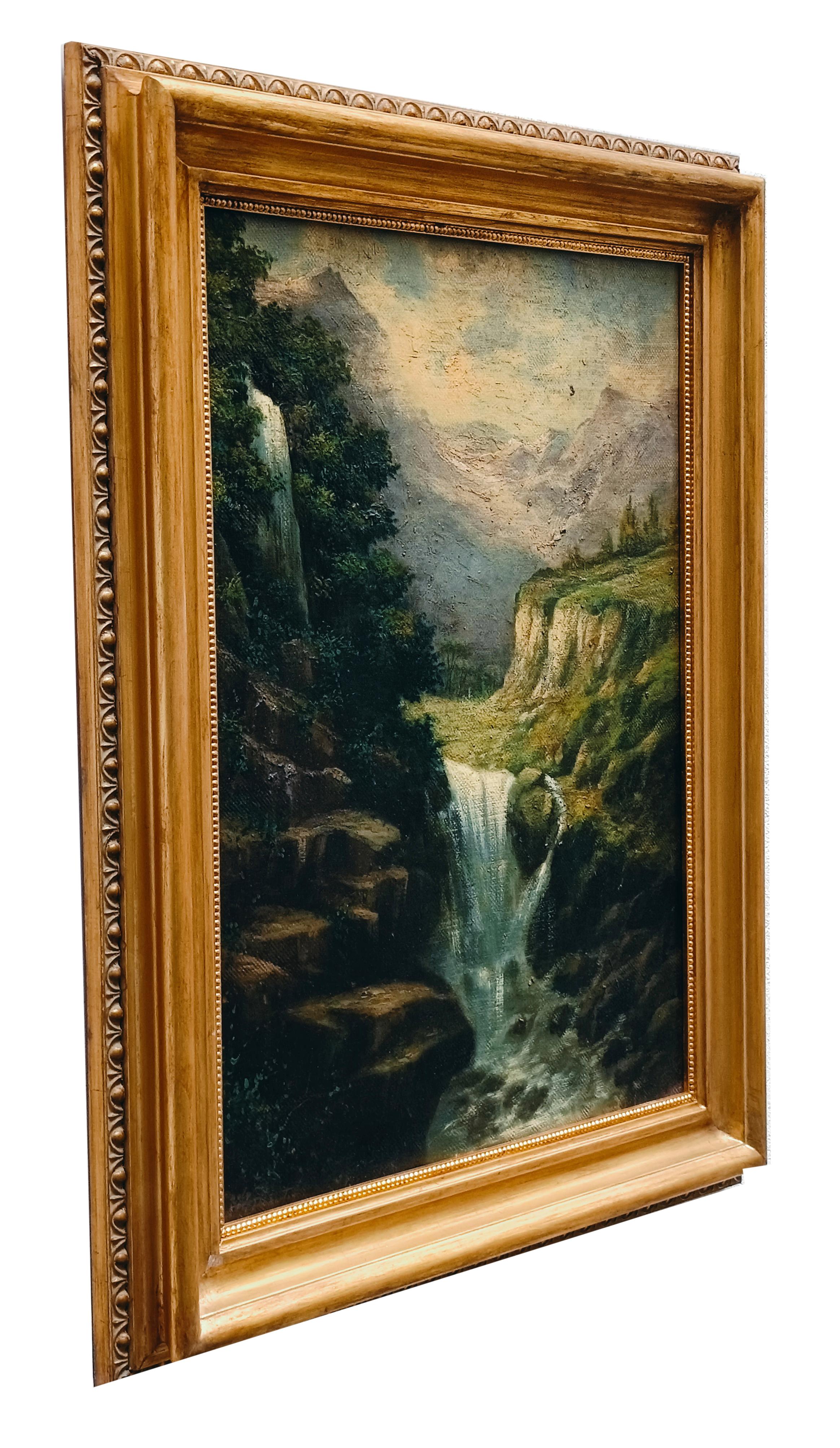 The WATERFALL - English School - Peinture à l'huile sur toile d'un paysage italien en vente 1