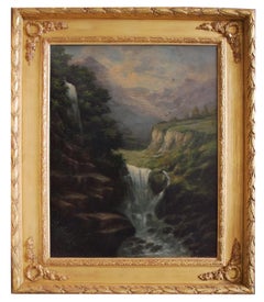 THE WATERFALL - English School - Italian Landscape Oil on Canvas Painting