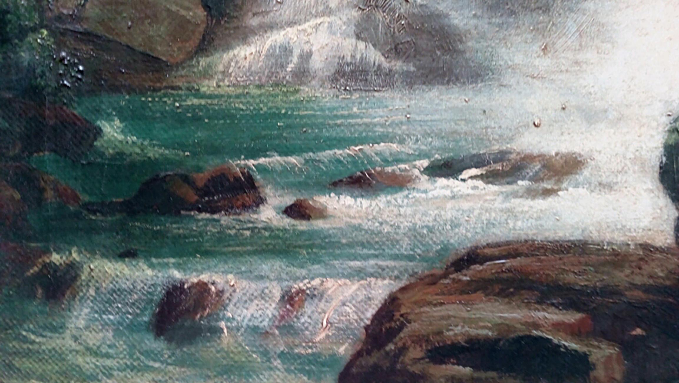THE WATERFALL - French School - Italian Landscape Oil on Canvas Painting For Sale 4