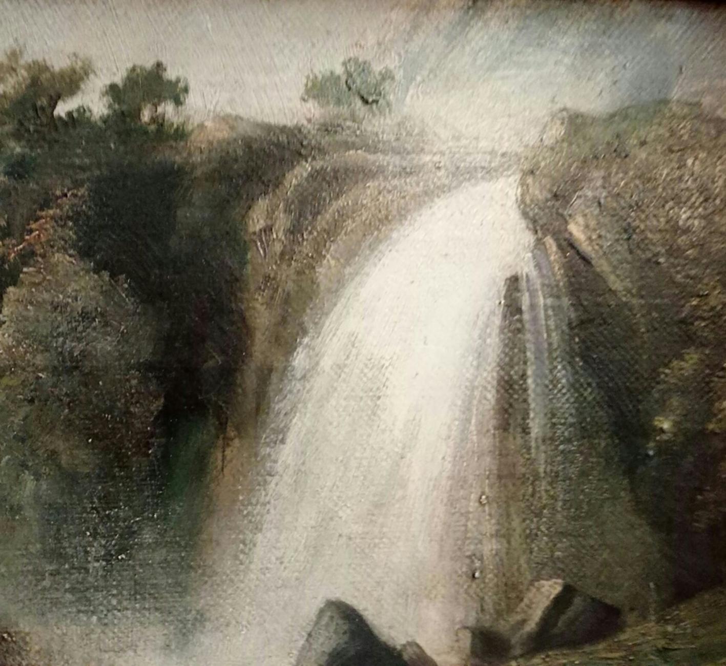 THE WATERFALL - French School - Italian Landscape Oil on Canvas Painting - Black Landscape Painting by Paolo De Robertis