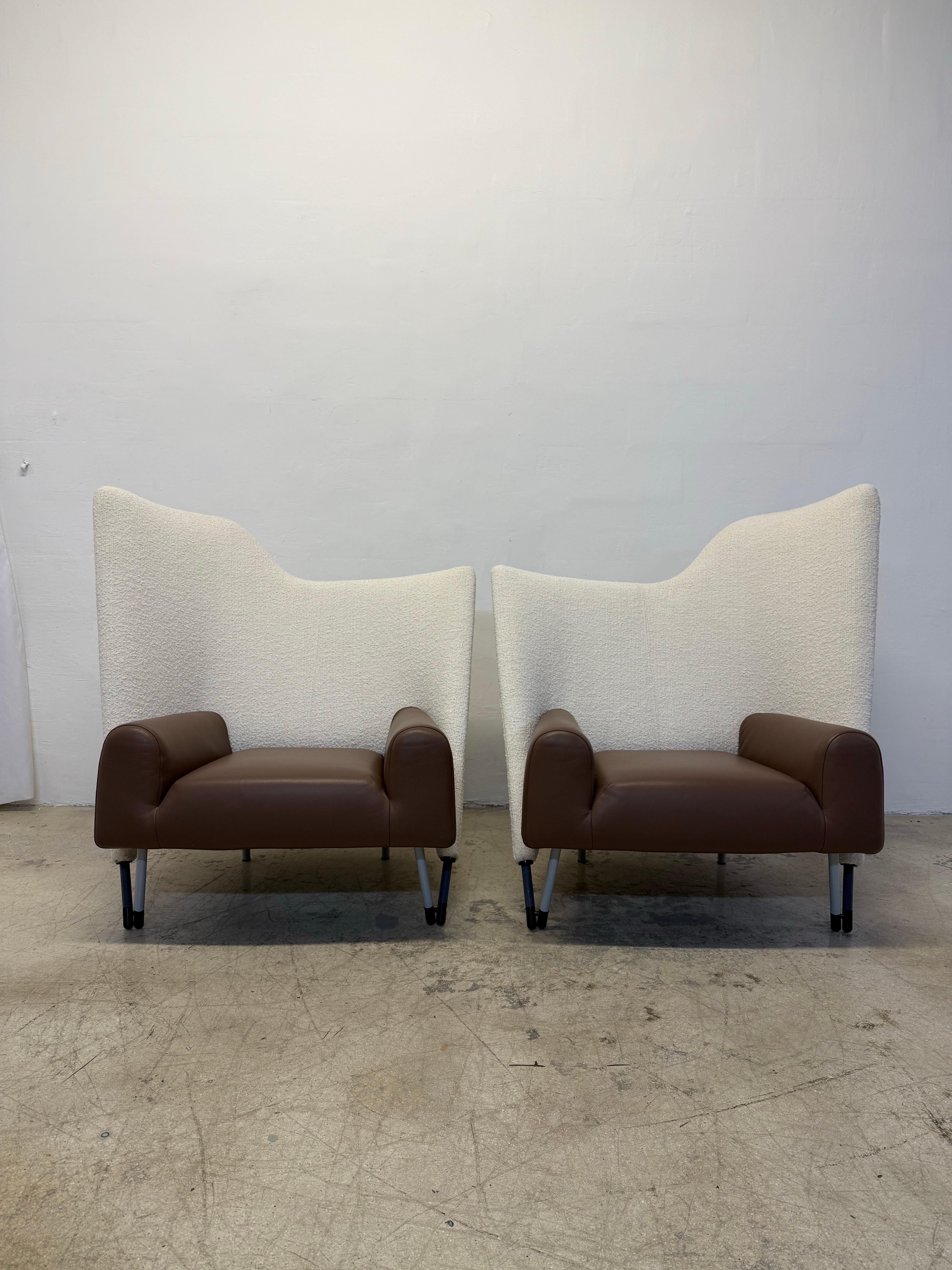 Post-Modern Paolo Deganello “Torso” Leather and Boucle Lounge Arm Chairs for Cassina - Pair For Sale