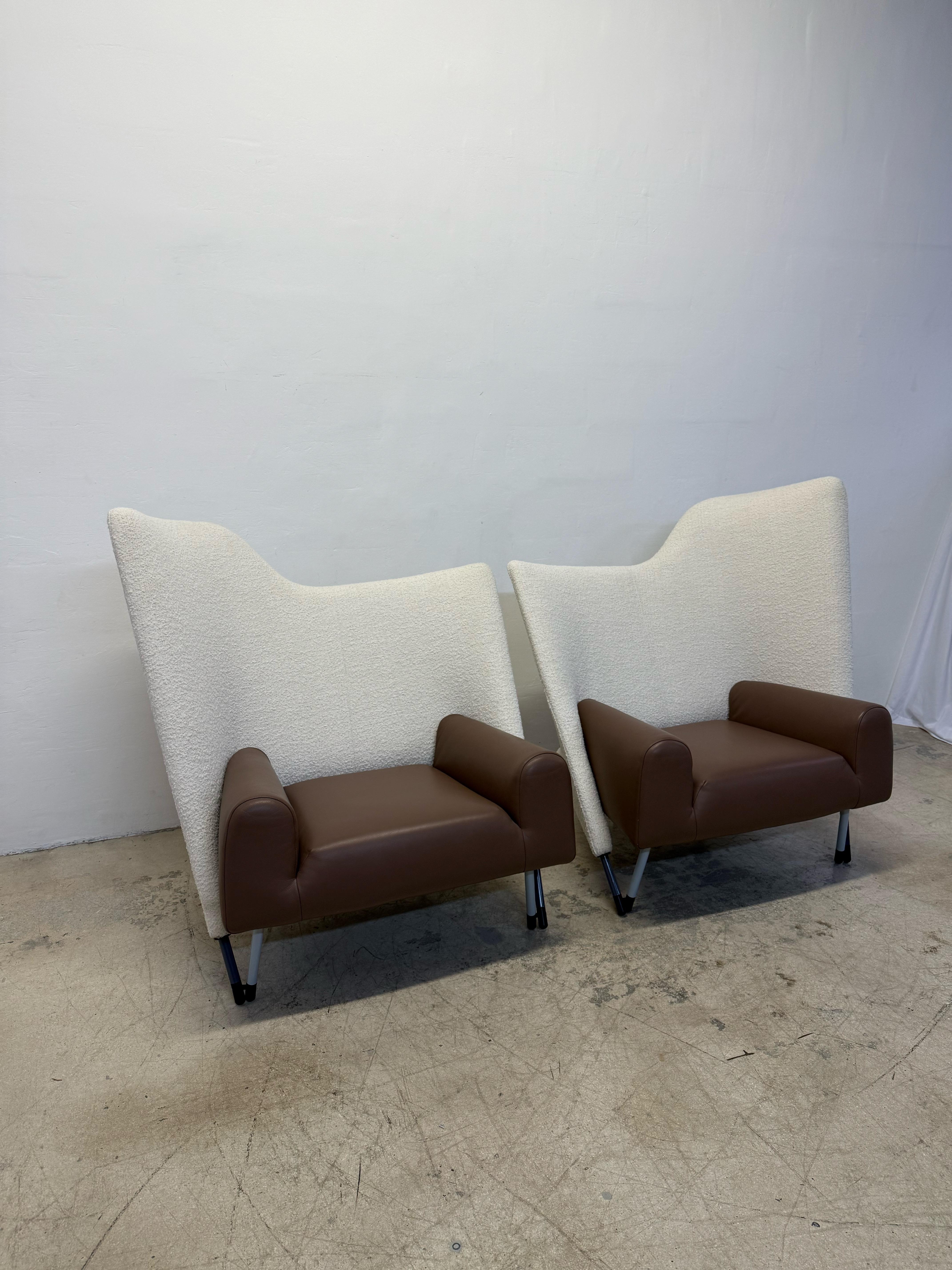 Italian Paolo Deganello “Torso” Leather and Boucle Lounge Arm Chairs for Cassina - Pair For Sale