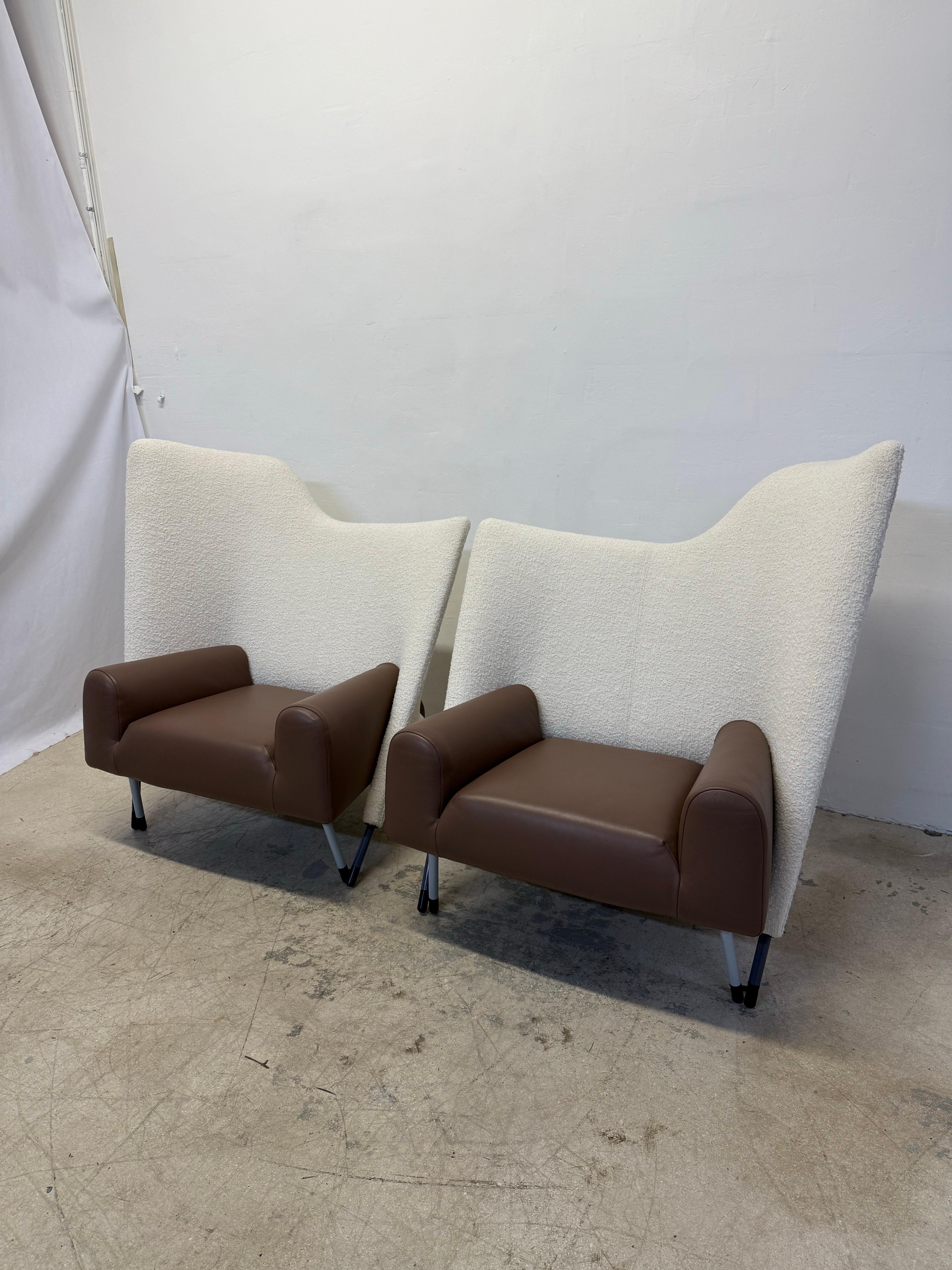20th Century Paolo Deganello “Torso” Leather and Boucle Lounge Arm Chairs for Cassina - Pair For Sale