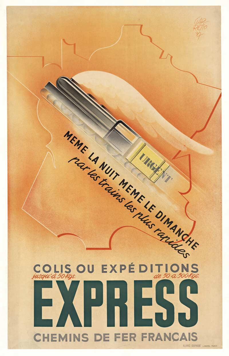 Original Express Train Chemins de Fer Francais vintage railroad travel poster