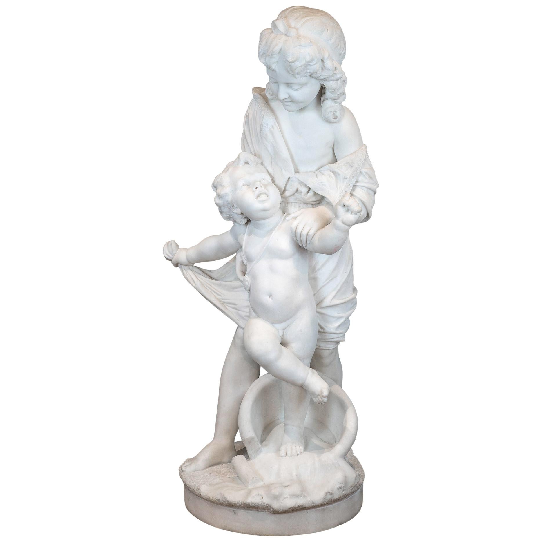 White Marble Statue of Young Children by Paolo Folchi For Sale