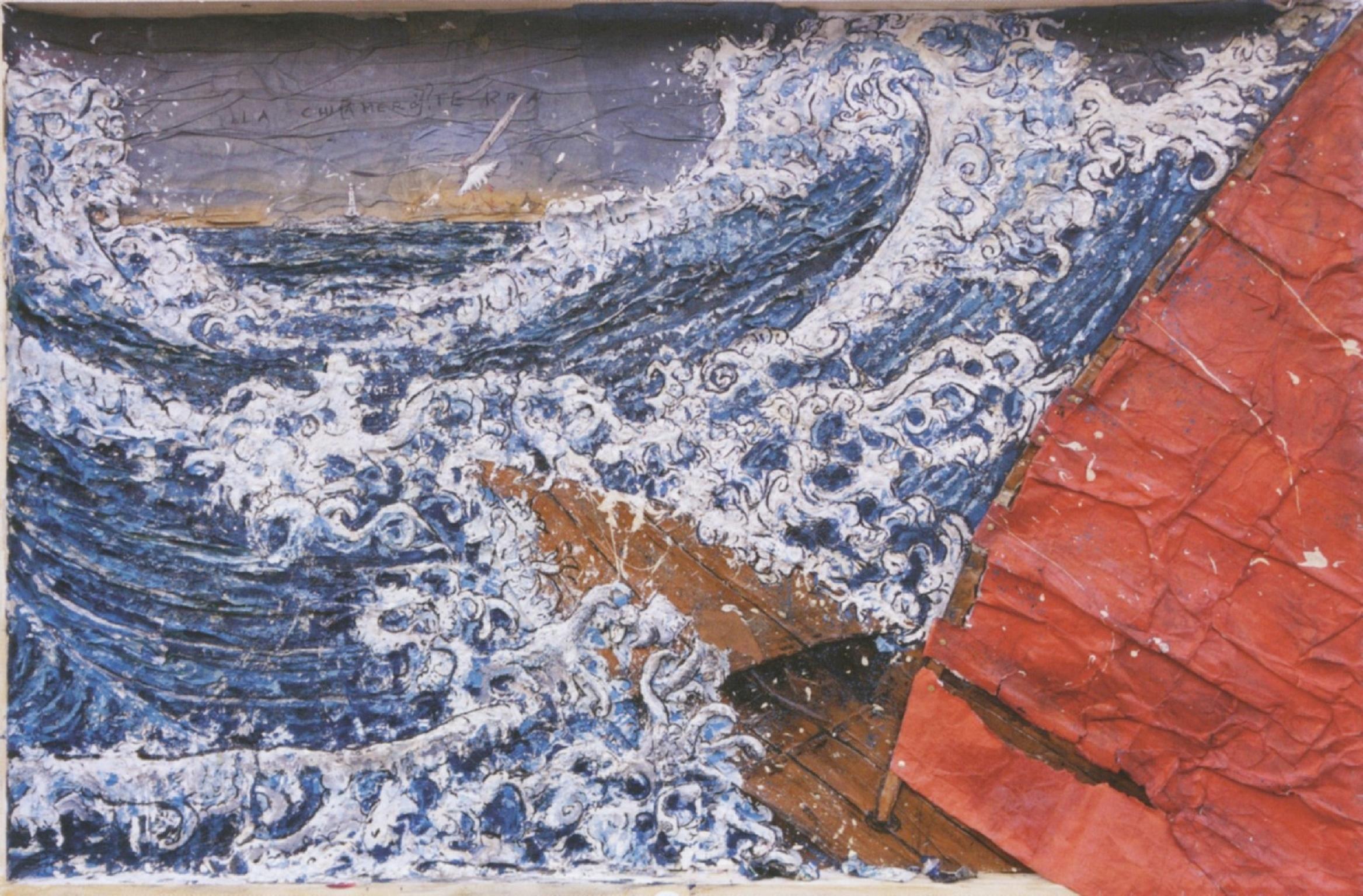 I will call it land (There I will love you), Italian contemporary school_Collage

Collage on Board
125 x 185 cm

In this picture Franzoso represents a wooden boat with a red sail that fights between high and frothy sea waves, waves that are
