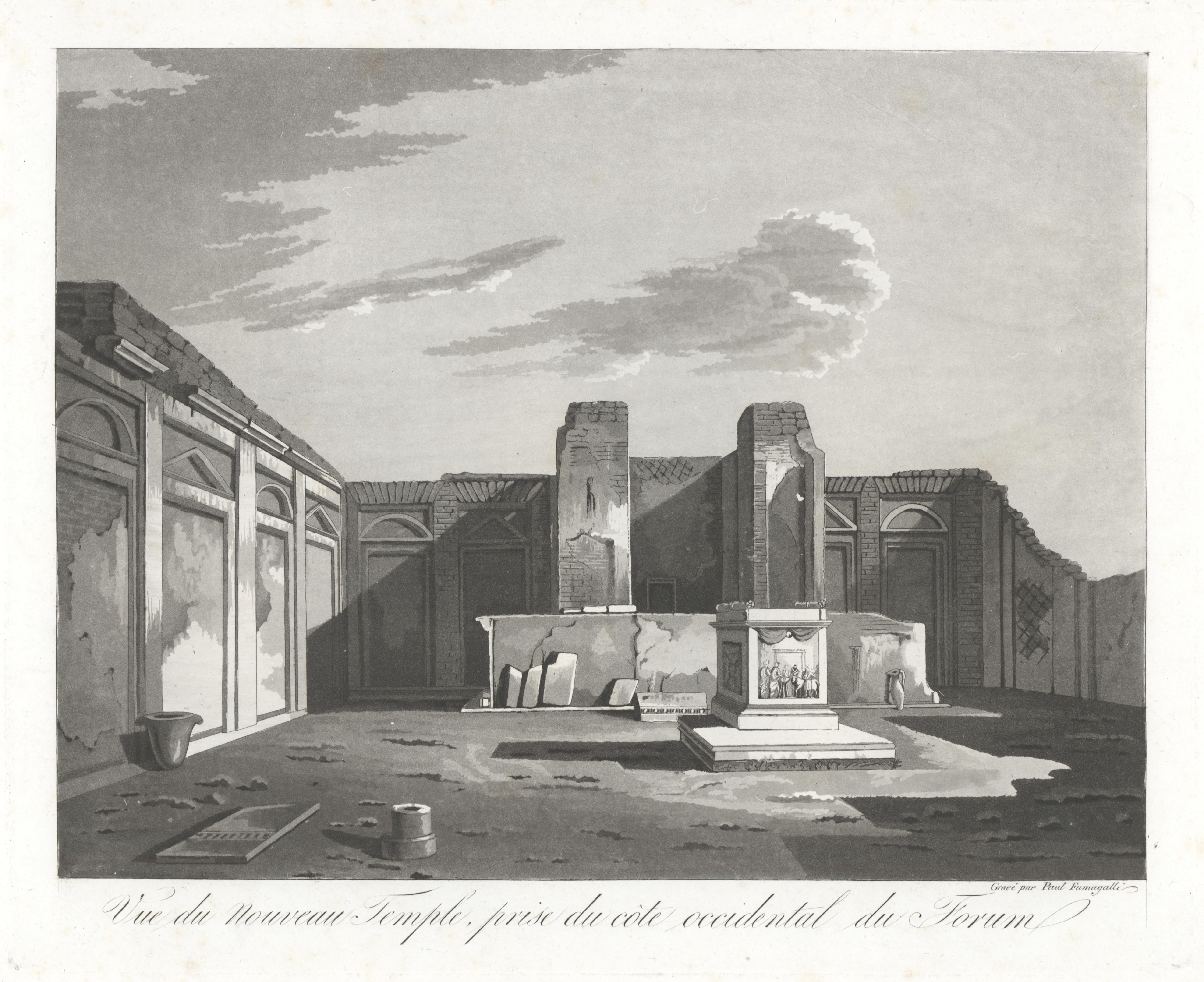 Produced between 1824 -1827, this group of aquatint engravings offer an impressive display of maps, archaeological items and mosaics alongside views and striking glimpses of Pompeii's city and ruins. Paolo Fumagalli (1797-1873), the printmaker,