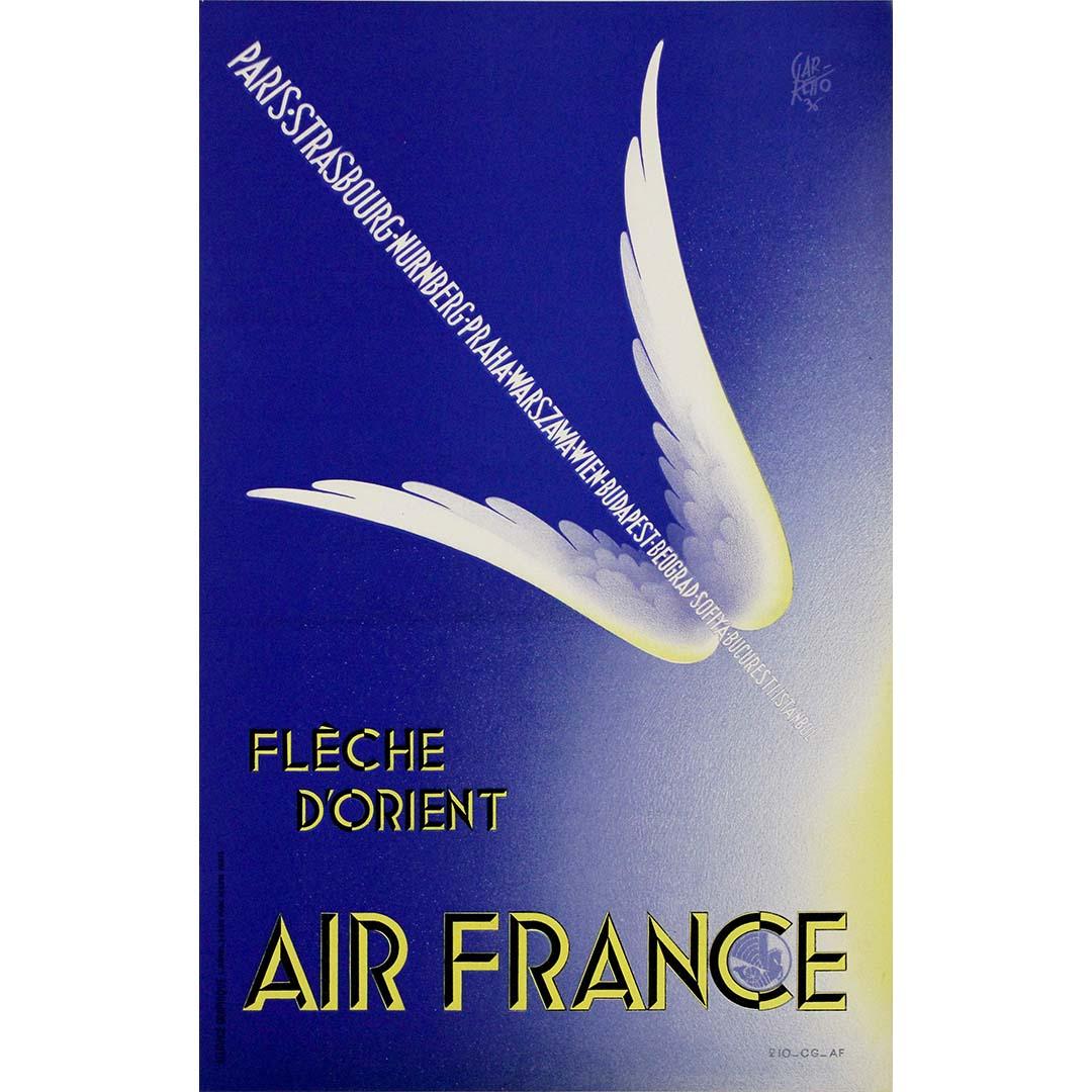 Il manifesto originale di Paolo Garretto per Air France, intitolato "La Flèche d'Orient", risalente al 1936, è un'opera d'arte che illustra l'eleganza e l'audacia dei viaggi aerei dell'epoca. Questo poster incarna la promessa di avventura e scoperta