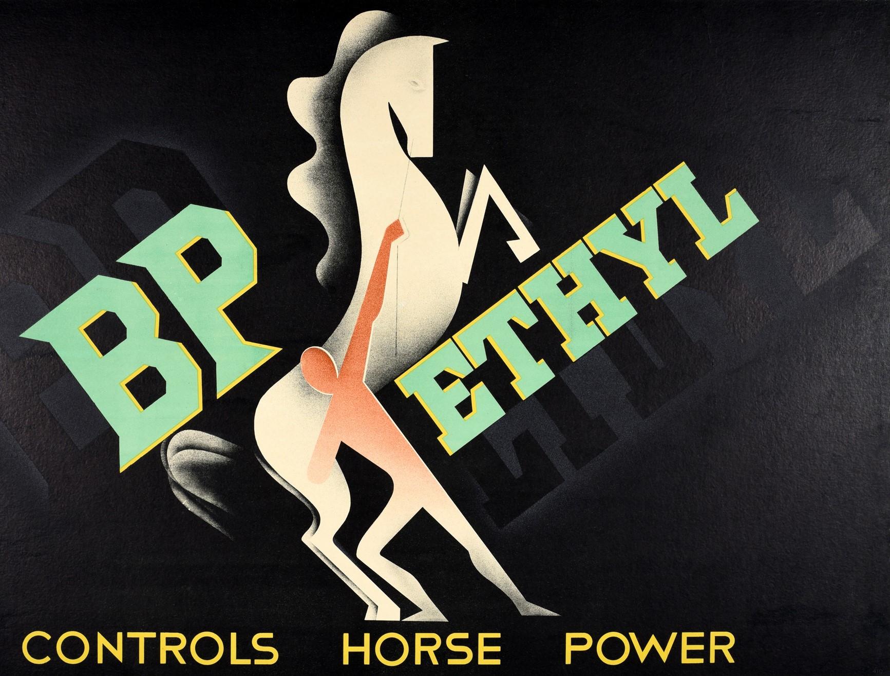 Original Vintage-Poster BP Ethyl Controls Horse Power, modernistisches Art-déco-Design (Art déco), Print, von Paolo Garretto