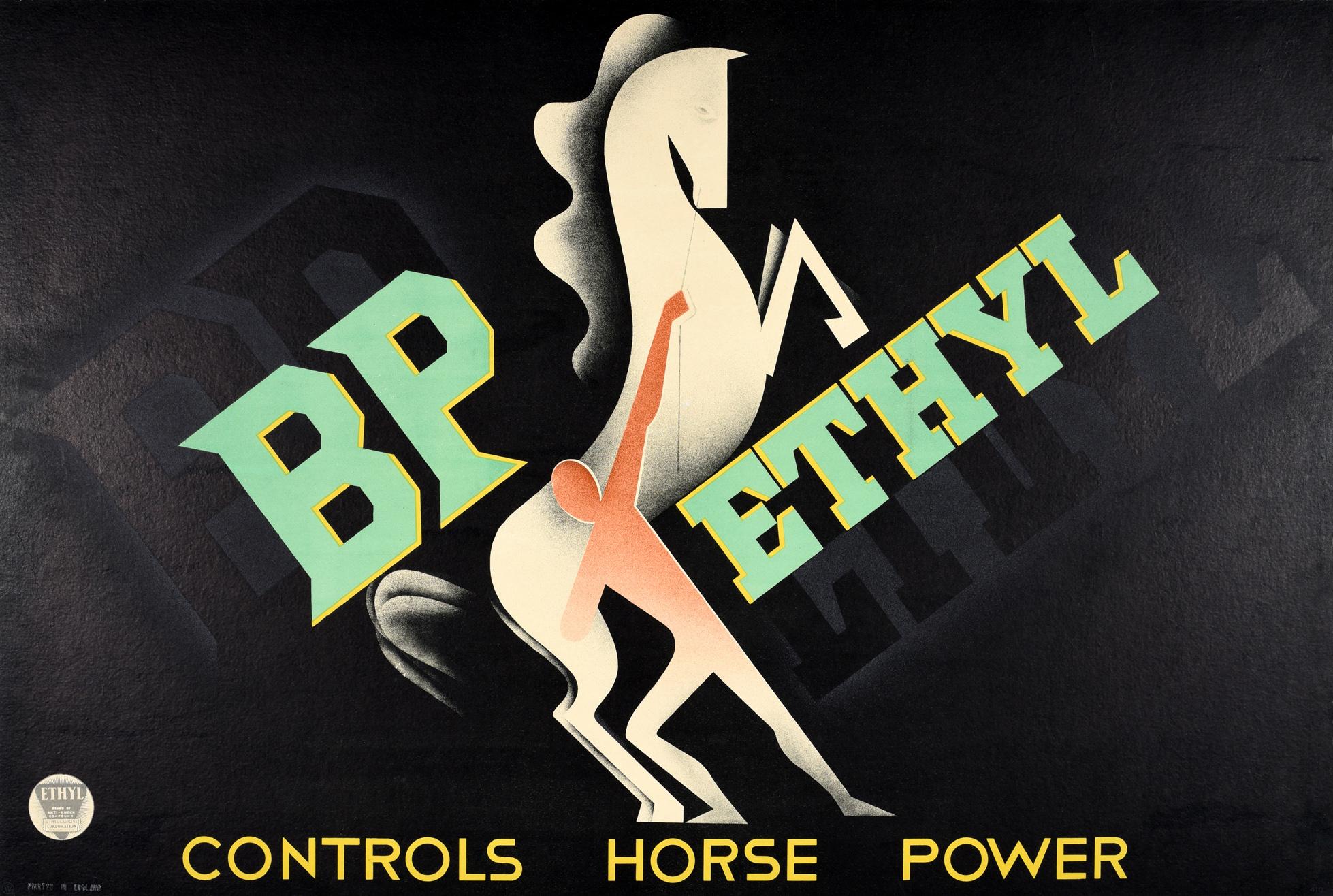 Paolo Garretto Print – Original Vintage-Poster BP Ethyl Controls Horse Power, modernistisches Art-déco-Design