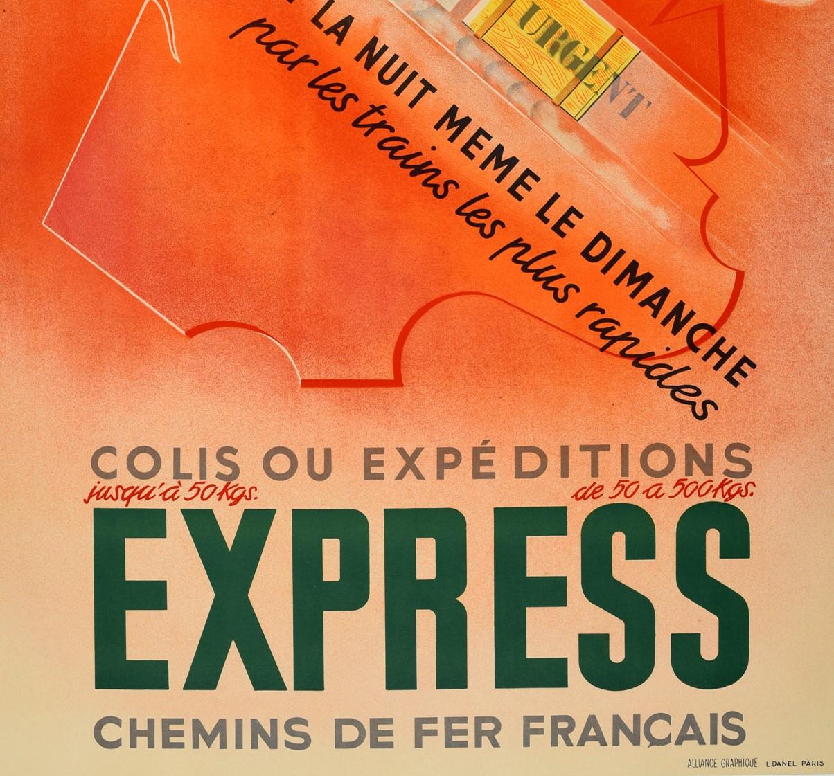 Original-Vintage-Poster, Chemins De Fer Railway Express, Zugkarte, Art déco-Design (Orange), Print, von Paolo Garretto