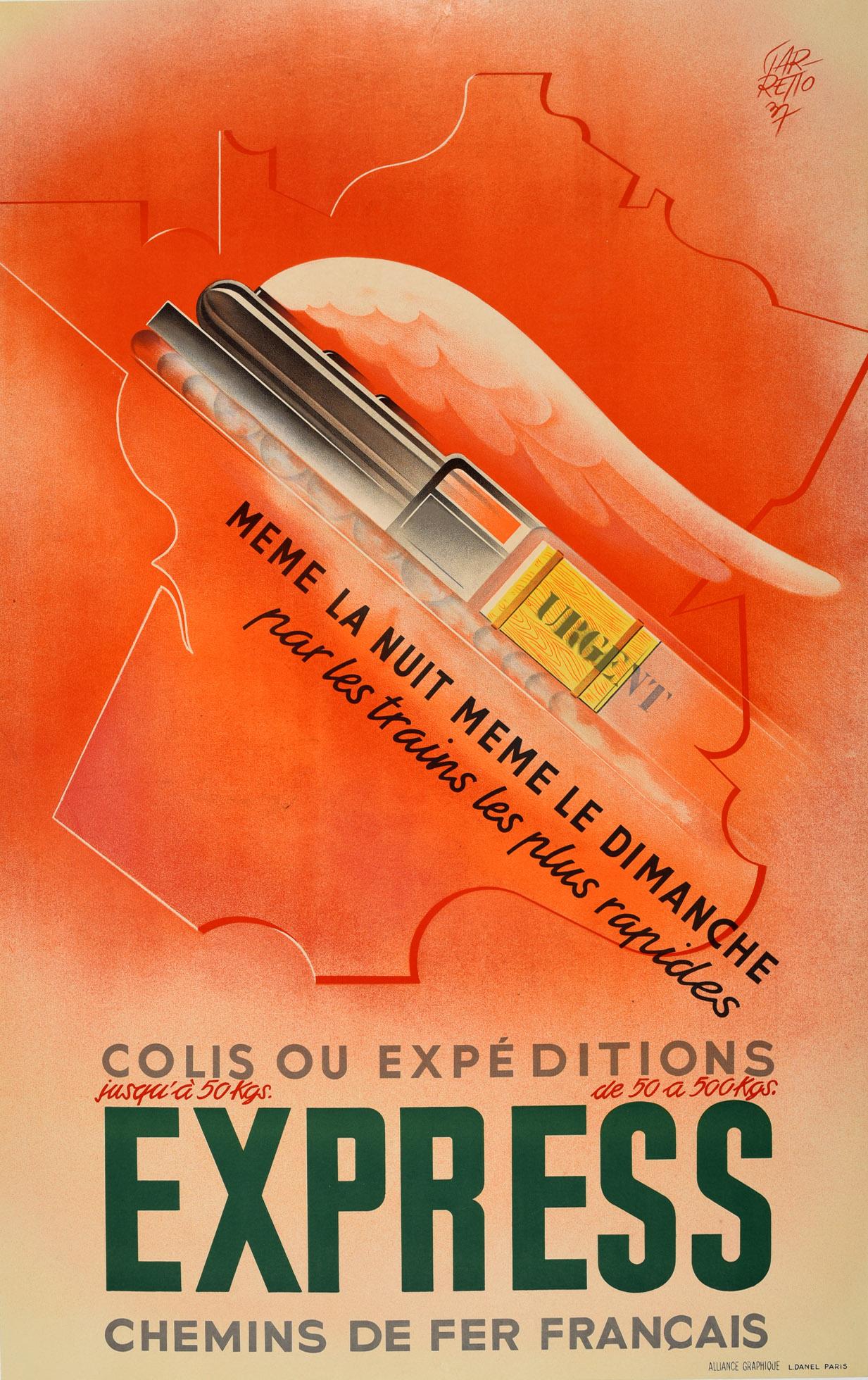 Paolo Garretto Print – Original-Vintage-Poster, Chemins De Fer Railway Express, Zugkarte, Art déco-Design