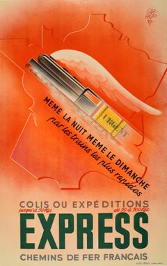 Affiche vintage d'origine, Chemins De Fer, Chemins de fer, Express, Carte des trains, Design Art déco