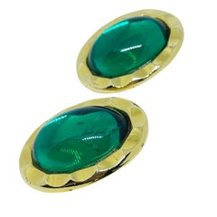 PAOLO GUCCI signed vintage gold tone emerald green glass designer clip on earrin
