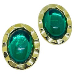 PAOLO GUCCI signed vintage gold tone emerald green glass designer clip on earrin