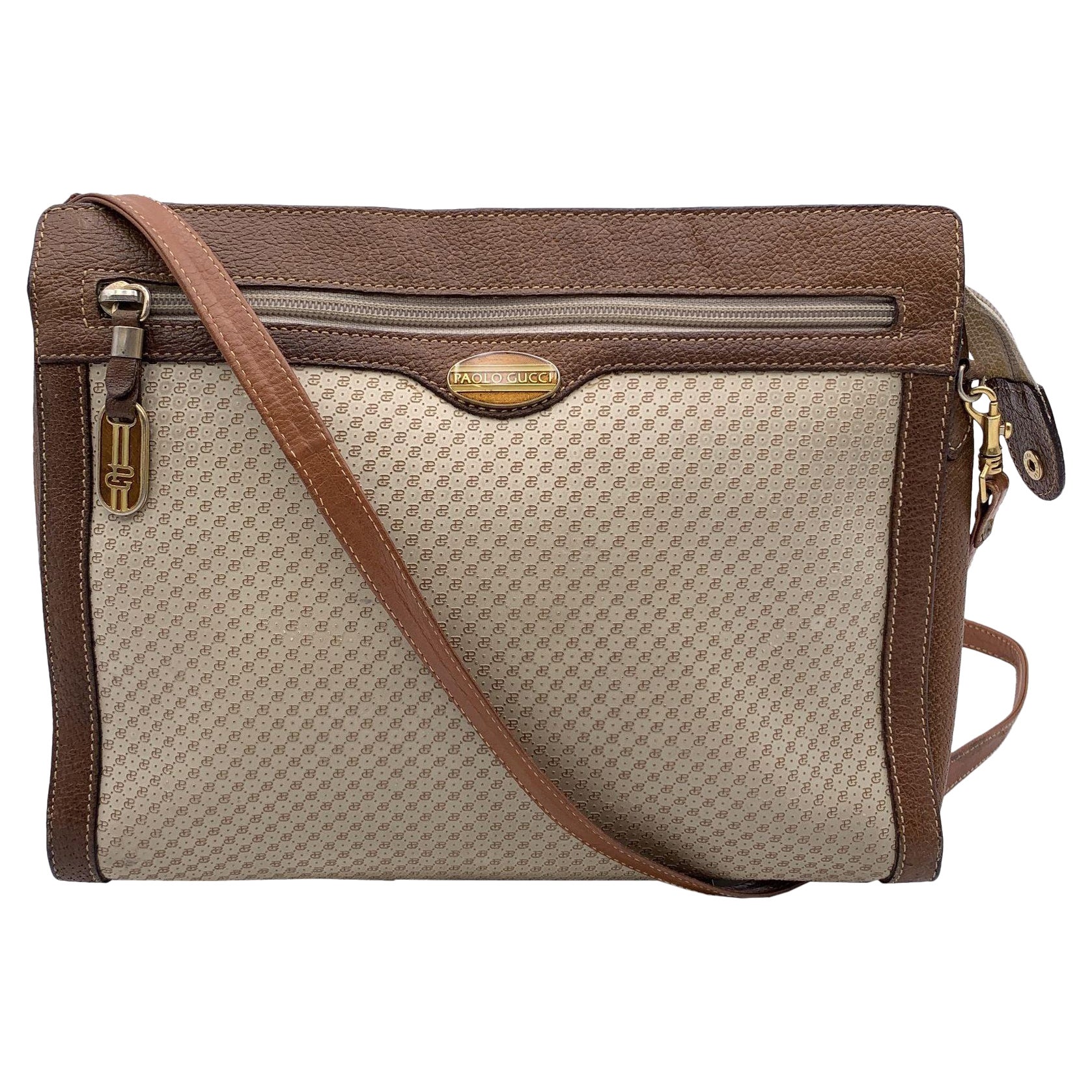Paolo Gucci Borsa a tracolla in vinile e pelle Monogram beige vintage