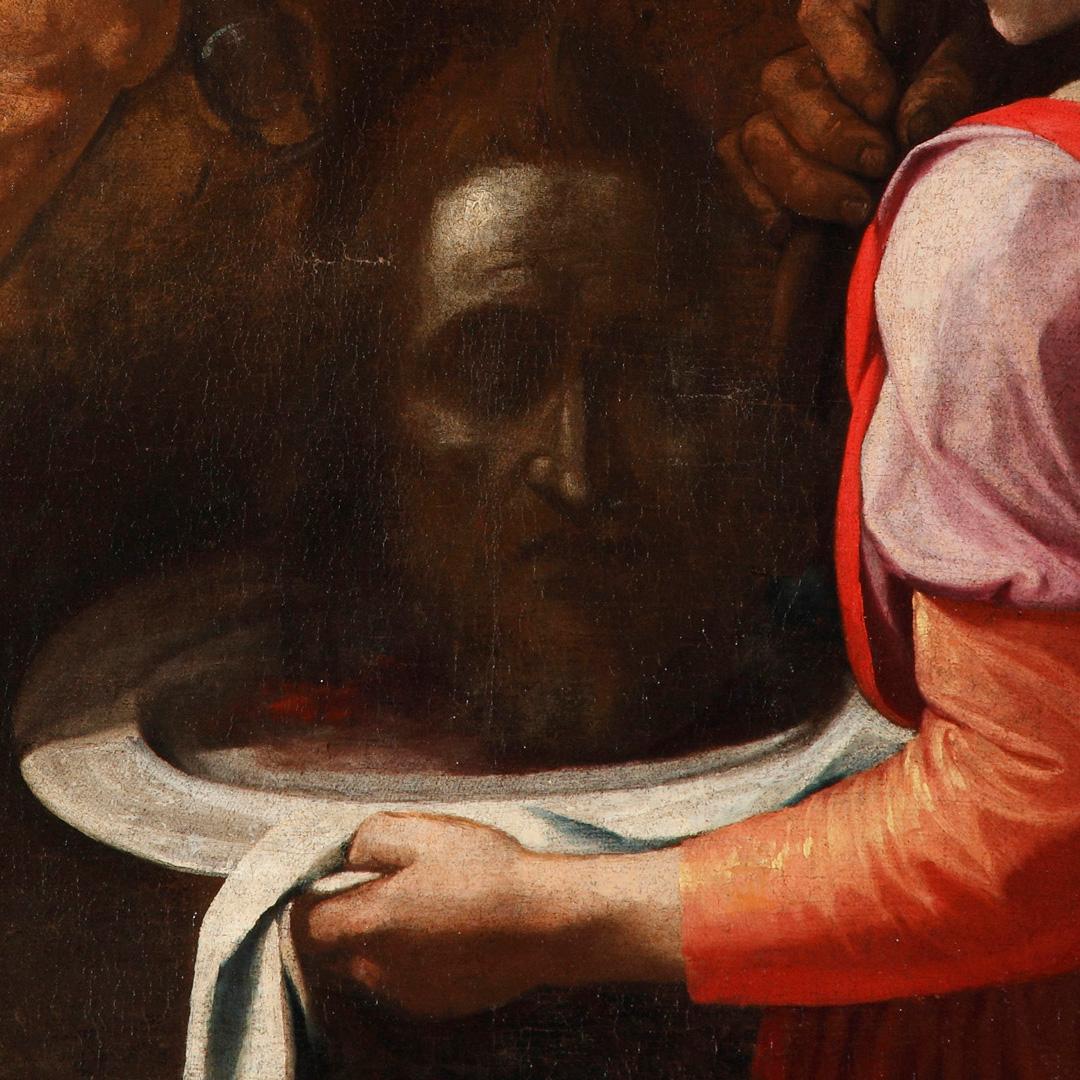 Cavaliere Paolo Guidotti, auch bekannt als il Cavalier Borghese (Lucca, Italien, 1559 - 1629)
Titel: Salomé und der Täufer 
Medium: Öl auf Leinwand
Maße: ohne Rahmen 90 x 68,5 cm - mit Rahmen 110 x 89,5 cm 
Original Leinwand. Rahmen aus gemeißeltem,