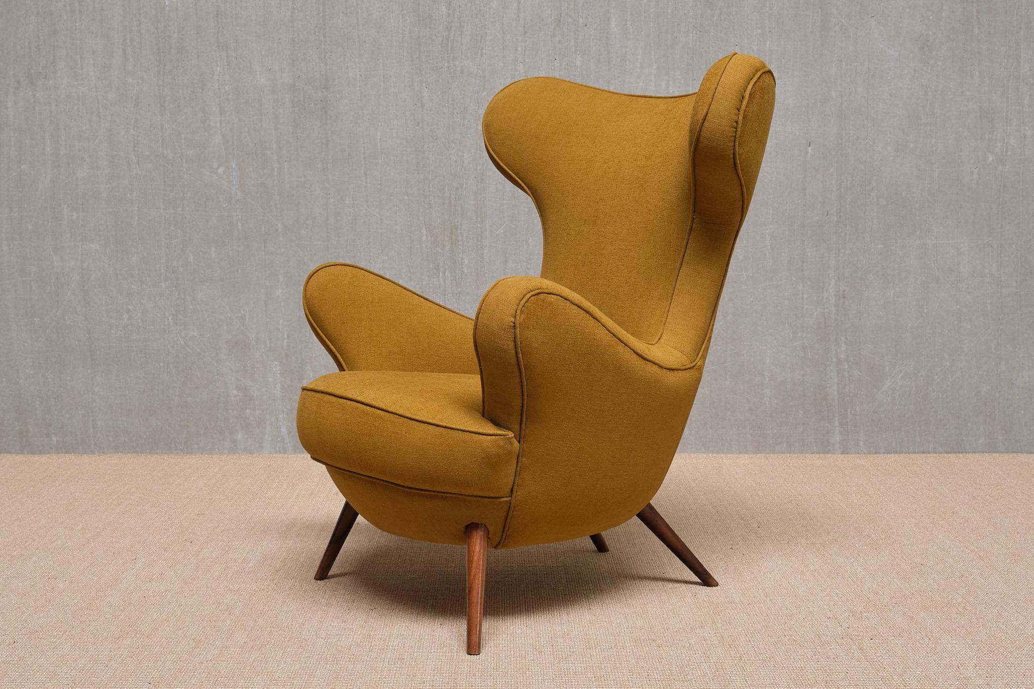 Paolo Malchiodi Wingback Chair in Yellow Ochre Fabric and Walnut, Italy, 1940s For Sale 9