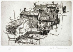 Case sulle colline - Incisione di Paolo Manaresi - 1955