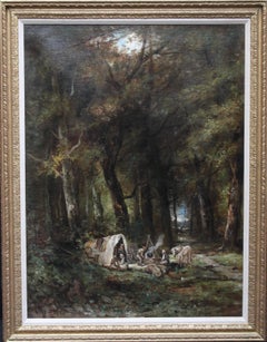 Encampment in a Wooded Landscape- French 19thC art Barbizon School oil painting