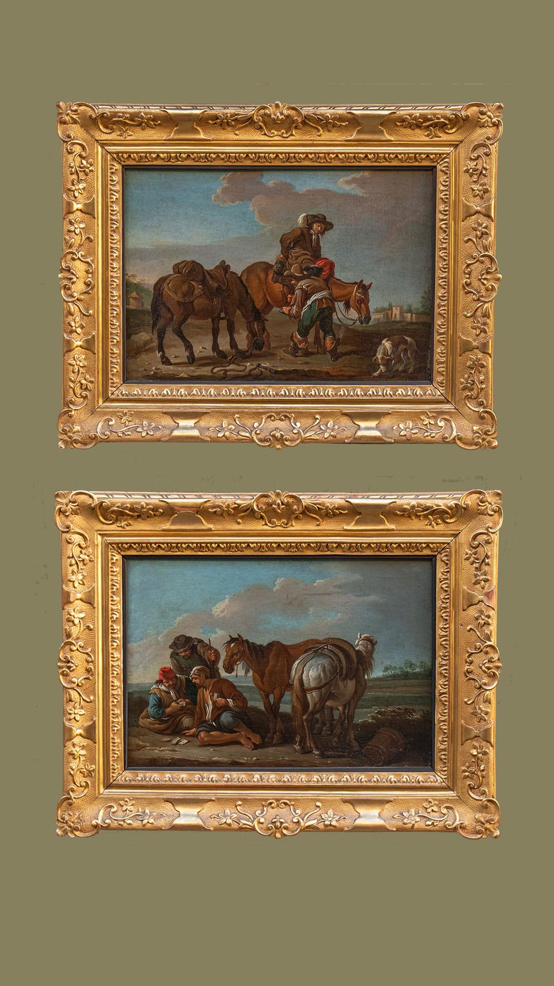 Bamboccianti-Landschaftsszenen mit Pferden und Kartenspielern, Rom um 1740 im Angebot 14