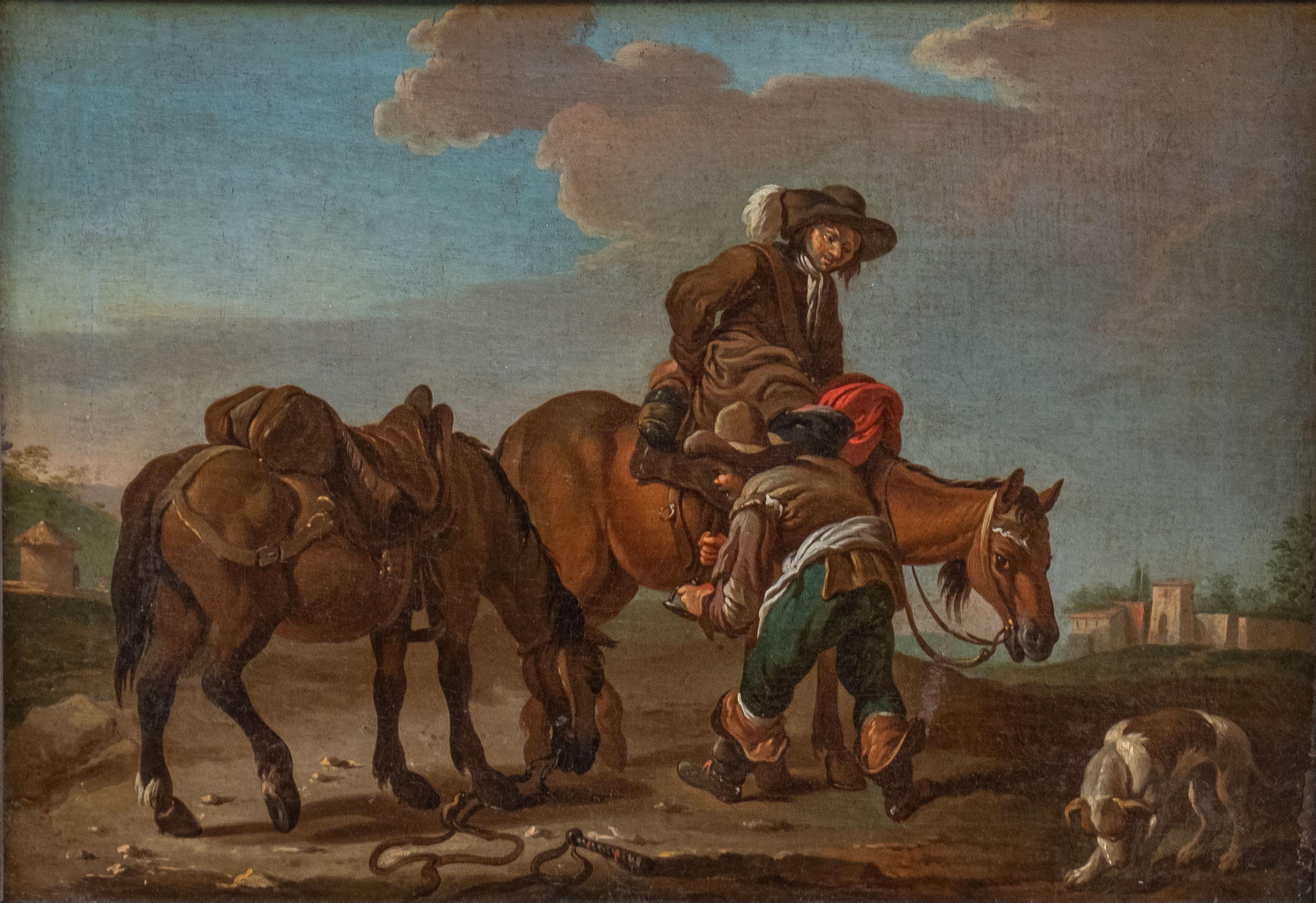 Bamboccianti-Landschaftsszenen mit Pferden und Kartenspielern, Rom um 1740 – Painting von Paolo Monaldi