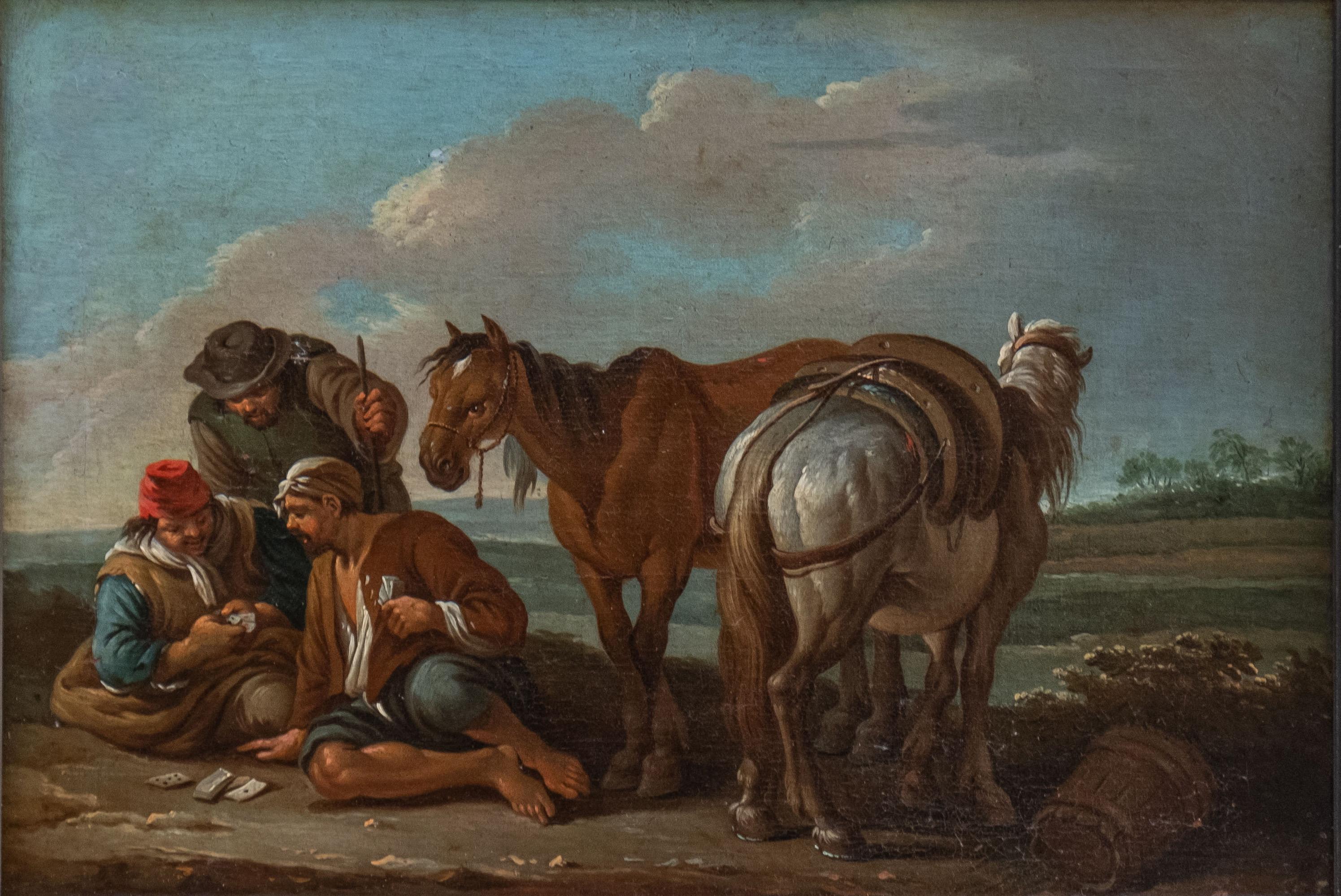 Landschaftsszenen mit Pferden und Kartenspielern, Rom um 1740
Gemälde-Paar: Halt auf dem Lande mit Pferden & Kartenspiel auf dem Lande
Paolo Monaldi (nach 1710 - nach 1779), Gefolge
Rom, um 1740
Öl auf Leinwand

Abmessungen (pro Stück):
Ungerahmt: