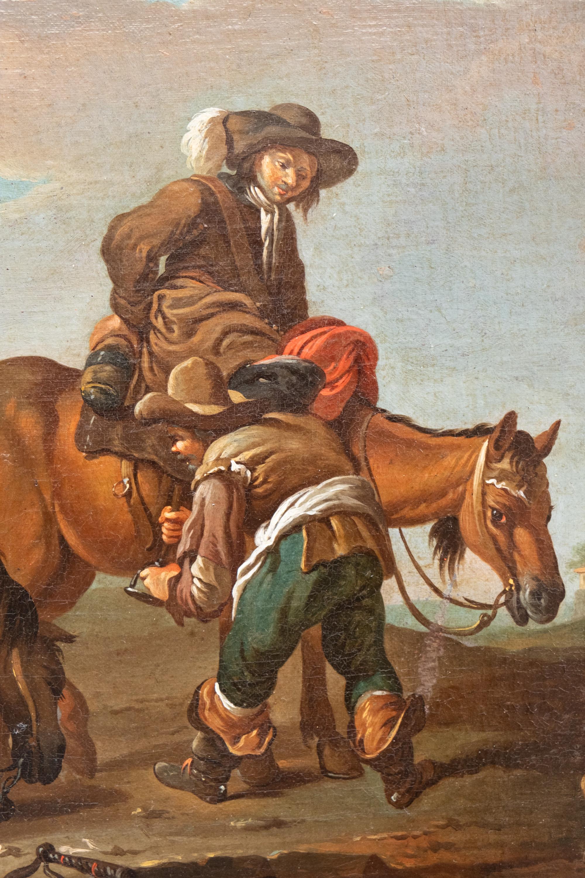 Bamboccianti-Landschaftsszenen mit Pferden und Kartenspielern, Rom um 1740 im Angebot 1