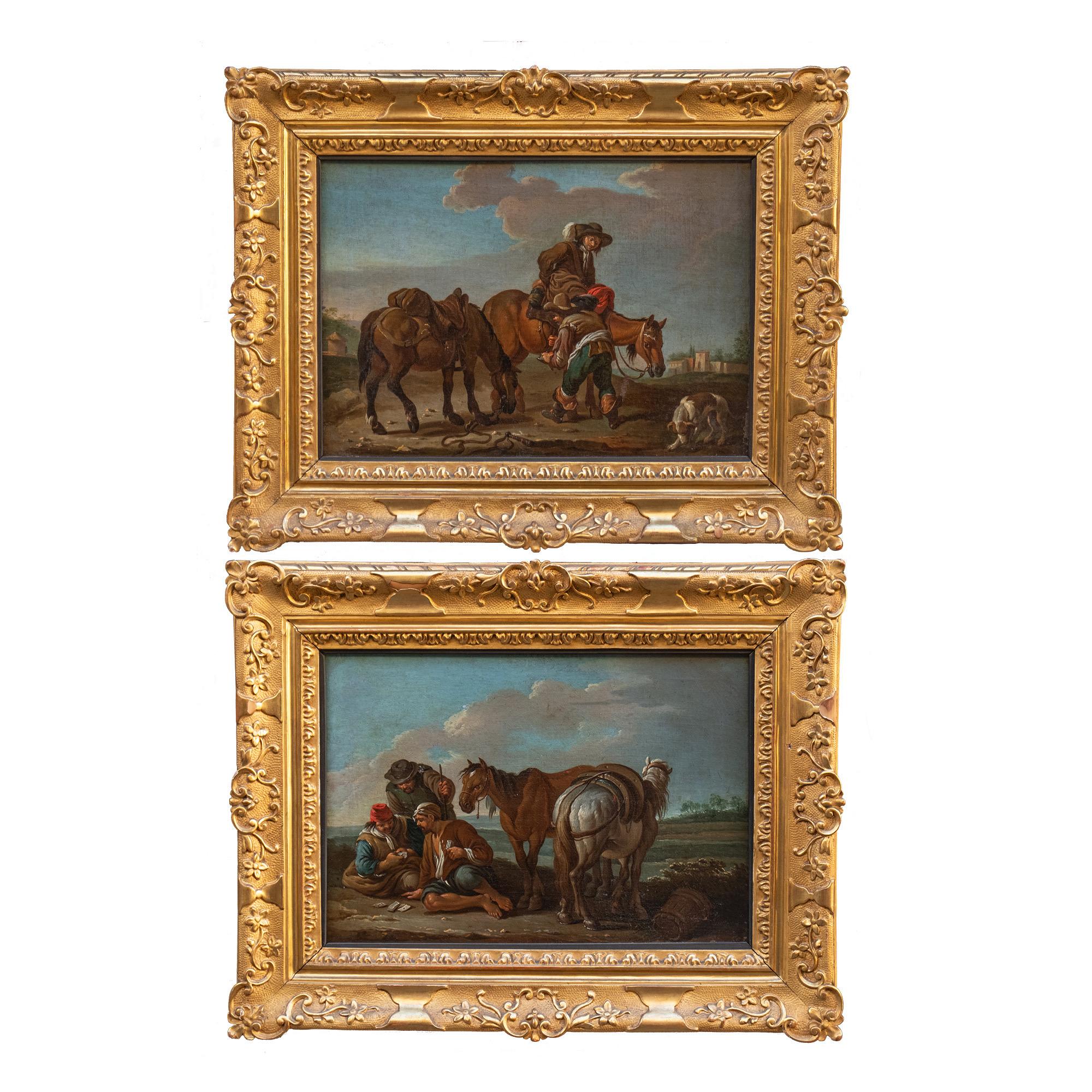 Bamboccianti Scene di campagna con cavalli e giocatori di carte, Roma circa 1740