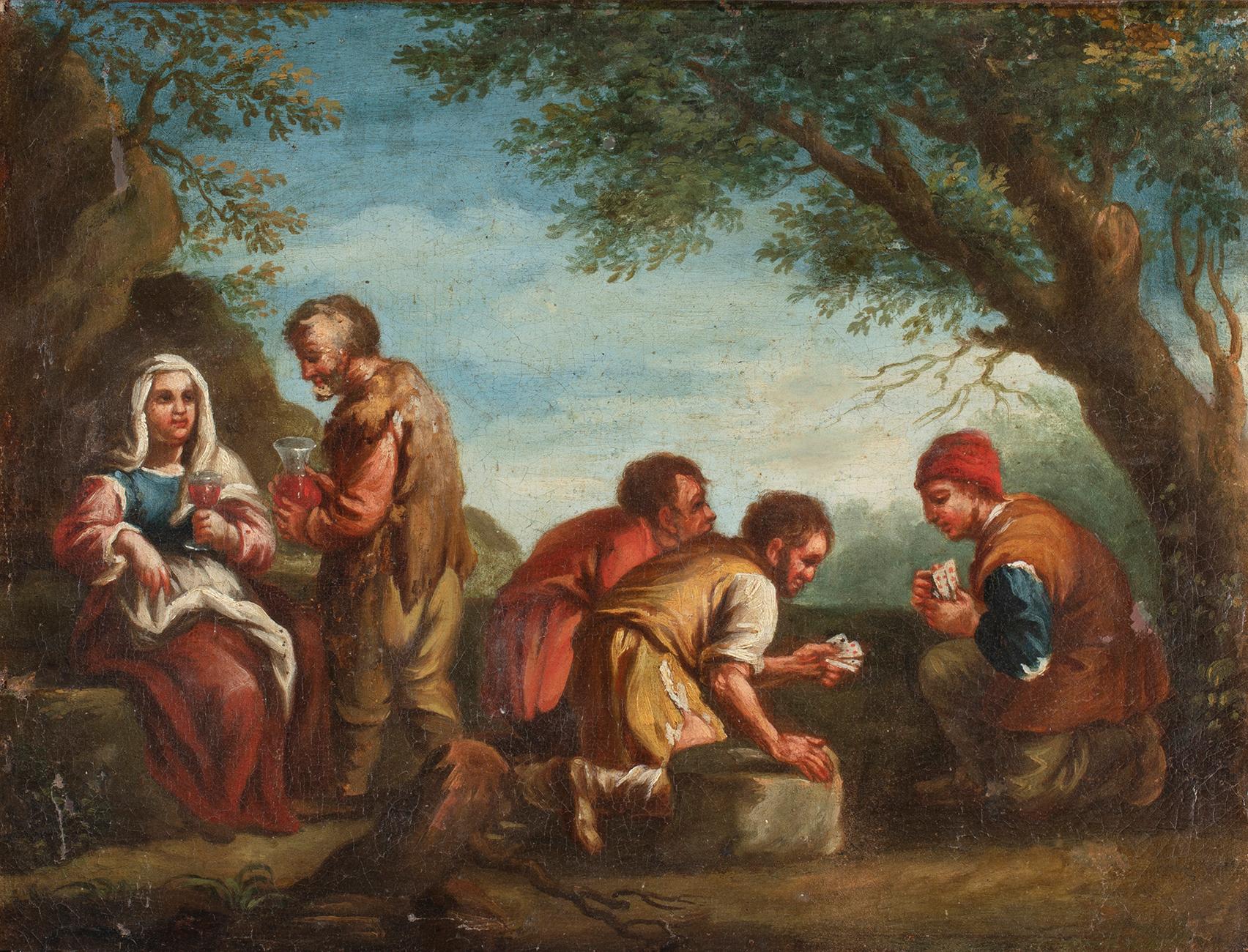 Huile sur toile du 18ème siècle représentant des paysans jouant aux cartes par Paolo Monaldi en vente 1
