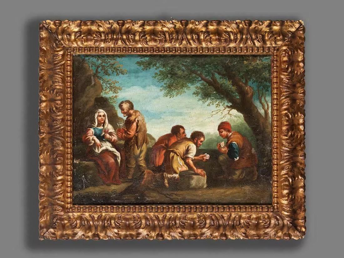 18th Century by Paolo Monaldi Peasants Playing Cards Oil on Canvas For Sale 1