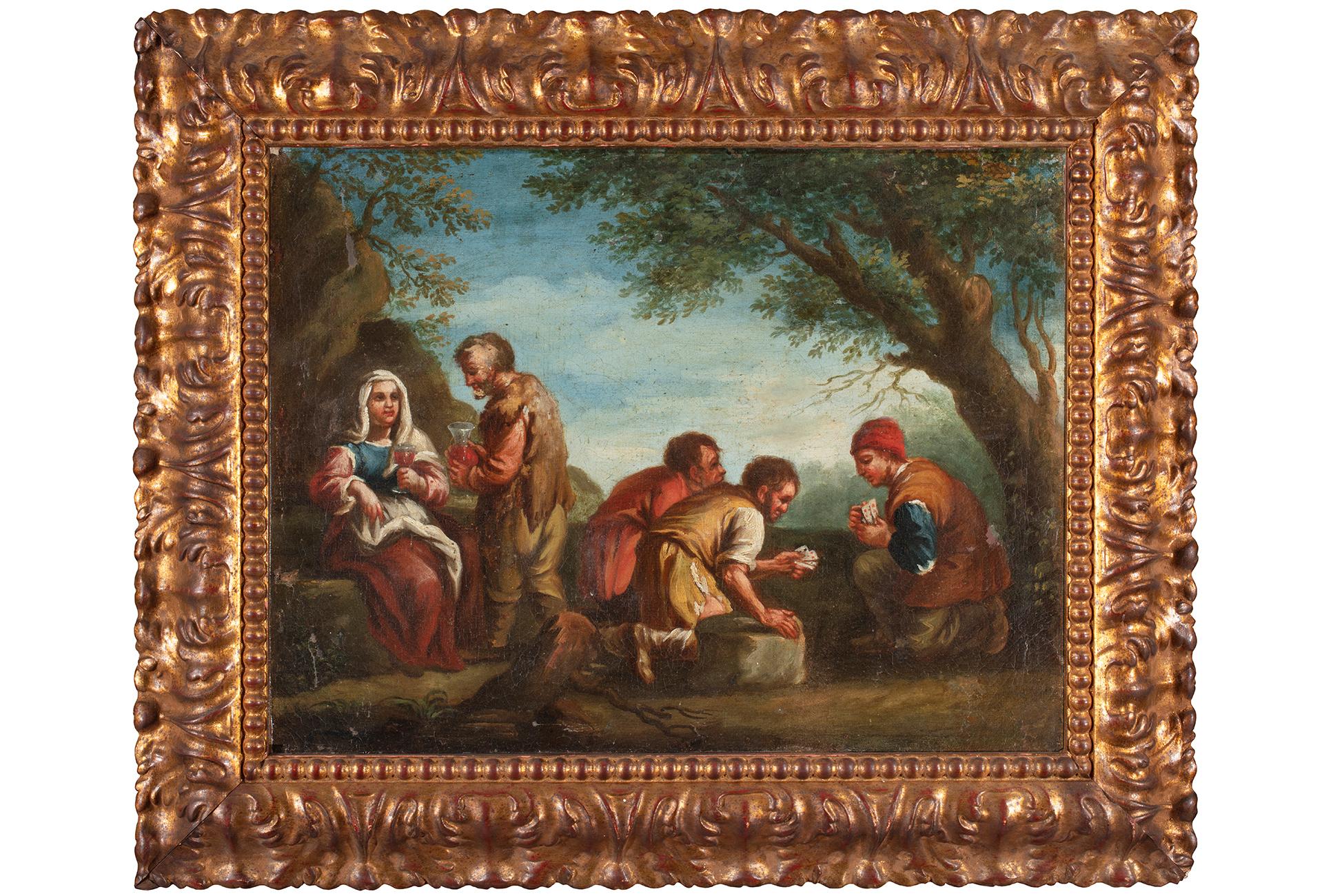 Paolo Monaldi (attr.)

Rome, 1710 - après 1779

Paysans jouant aux cartes
Huile sur toile, cm 31x40,5 - avec cadre cm. 43,5x52
Cadre en bois sculpté et doré

Célèbre pour sa production de bambocciate, Monaldi nous offre dans cette petite toile une