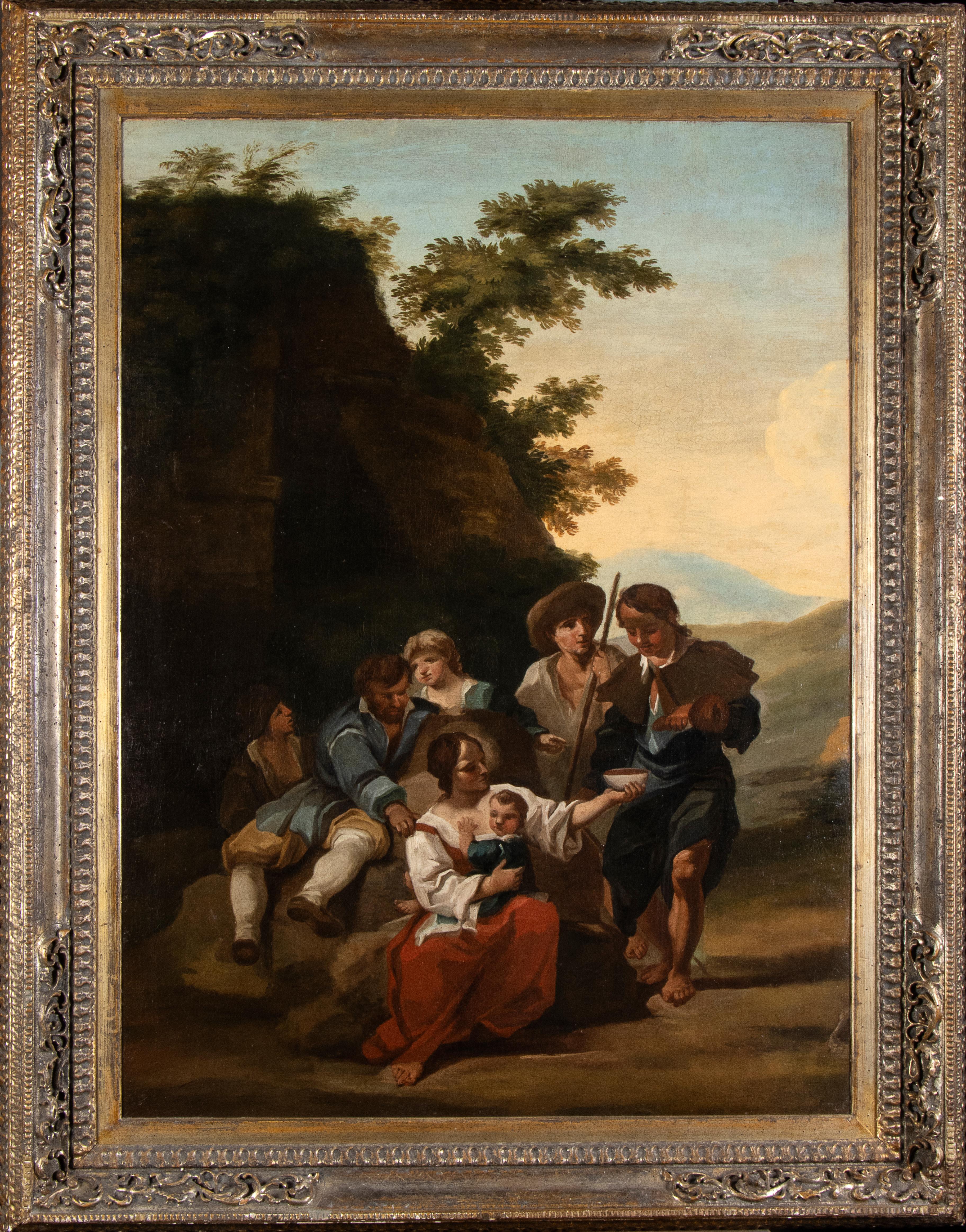 Thepainting accompanied by an expertise drawn up by prof Ferdinando Arisi that wrote:
This pilgrims' stop is a typical work of Paolo Monaldi active in Rome between 1730 and 1770 in the wake of Locatelli.
The points of contact with his documented