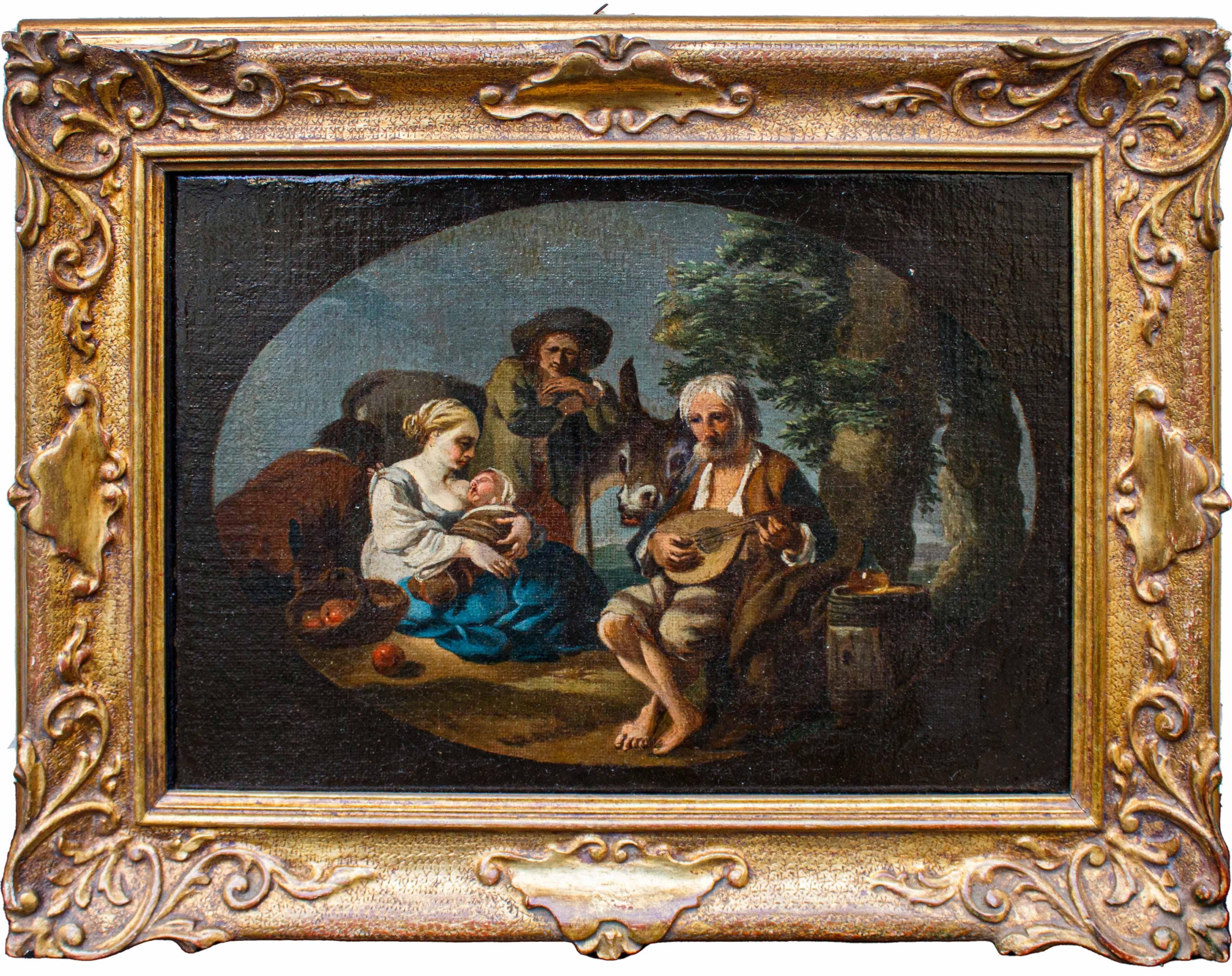 Paolo Monaldi (Rom, 1710 - nach 1779), attr.  

Gender-Szene

Öl auf Leinwand, 28 x 38 cm 

Gerahmt, 36,5 x 46 cm

Das Gemälde zeigt einen Moment der Ruhe, der der ländlichen Welt entnommen ist: Die Saiten einer Laute, die von einem alten Mann im