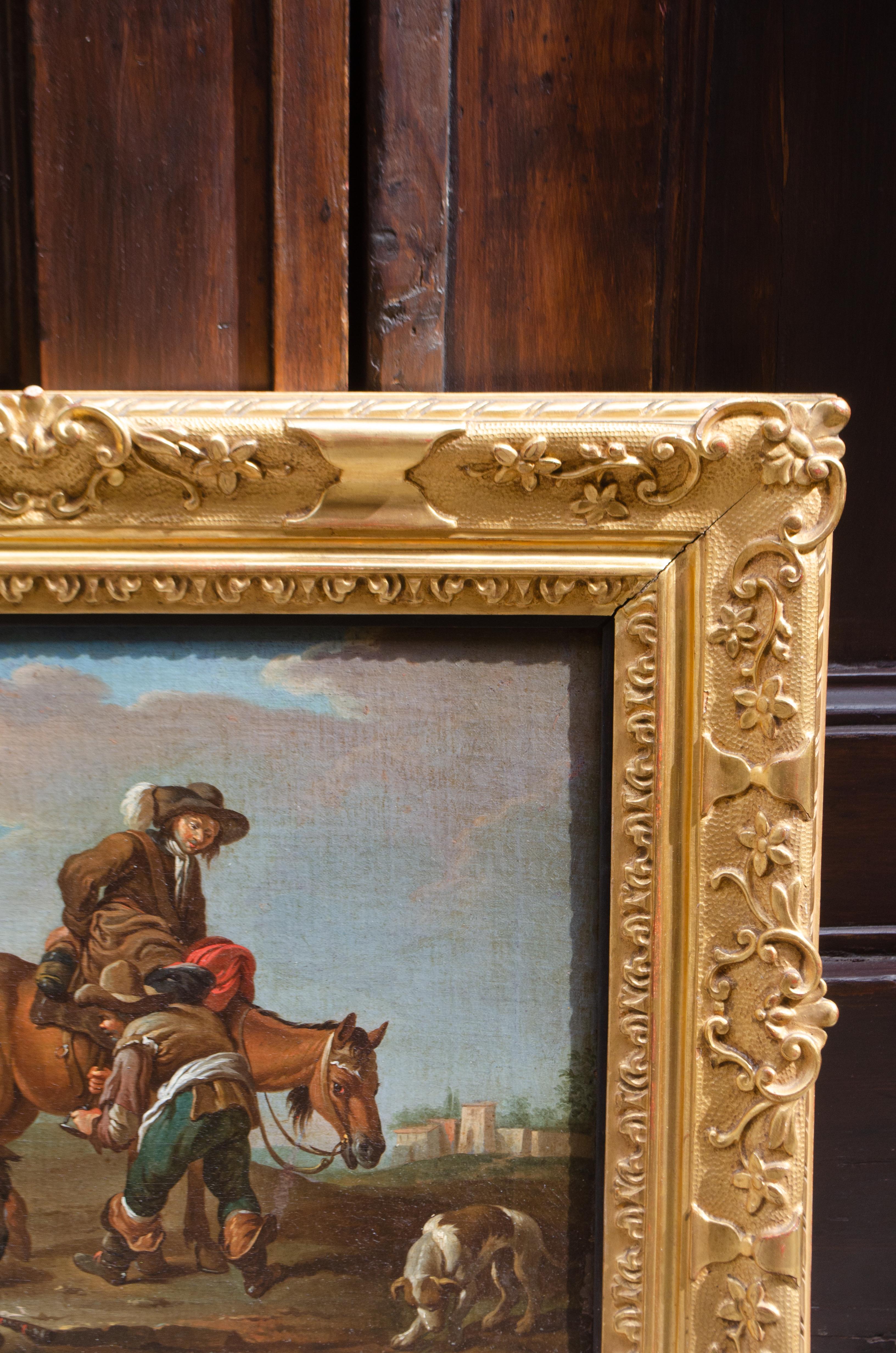Escuela romana, hacia 1740. Interludio en el campo con caballos cerca de Roma. - Painting de Paolo Monaldi
