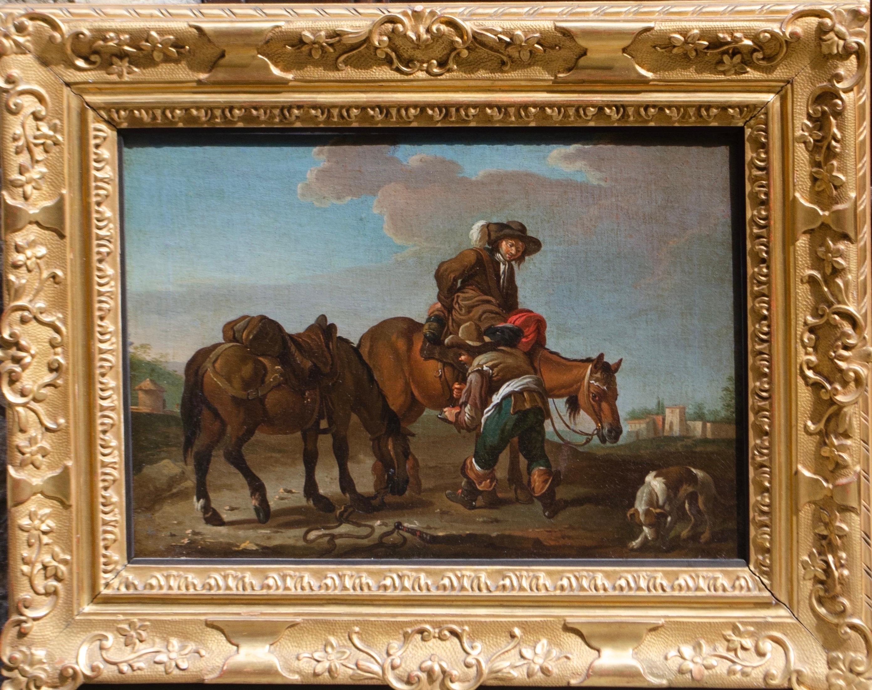 Escuela romana, hacia 1740. Interludio en el campo con caballos cerca de Roma. - Painting Escuela italiana de Paolo Monaldi
