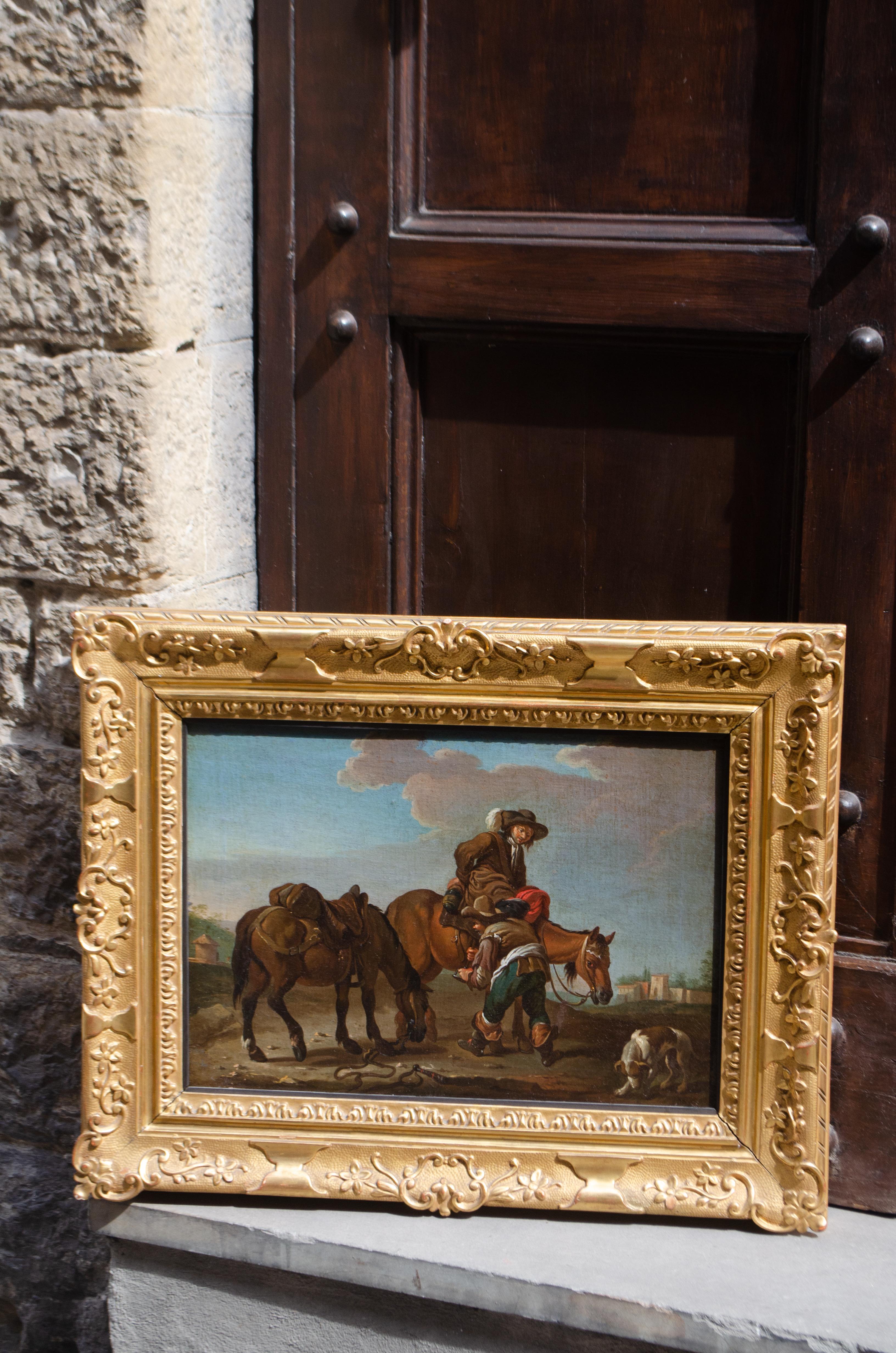 Escuela romana, hacia 1740. Interludio en el campo con caballos cerca de Roma. - Landscape Painting Marrón de Paolo Monaldi