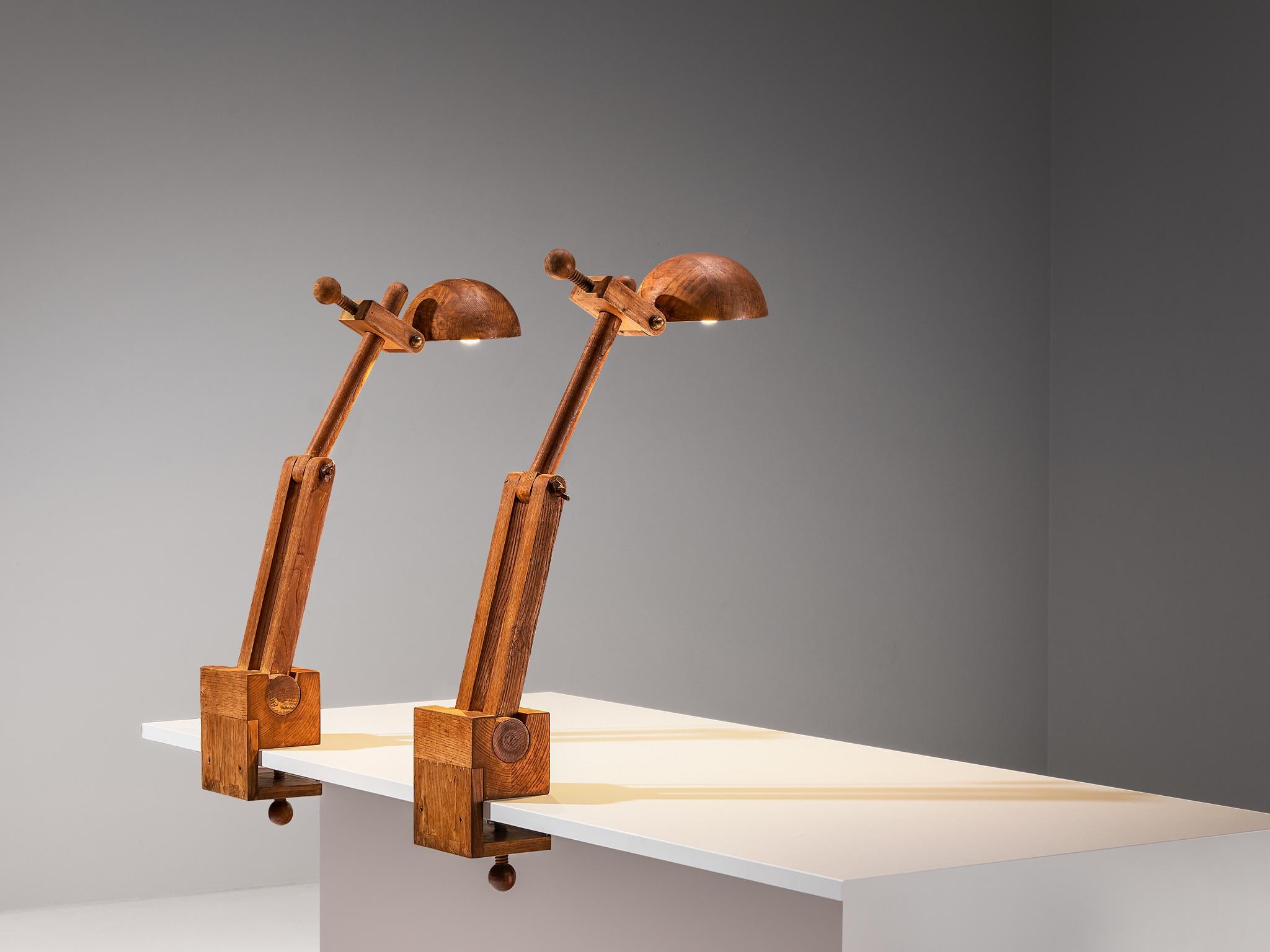 Paolo Pallucco Playful Table Clamp Lamps in Solid Chestnut  For Sale 4