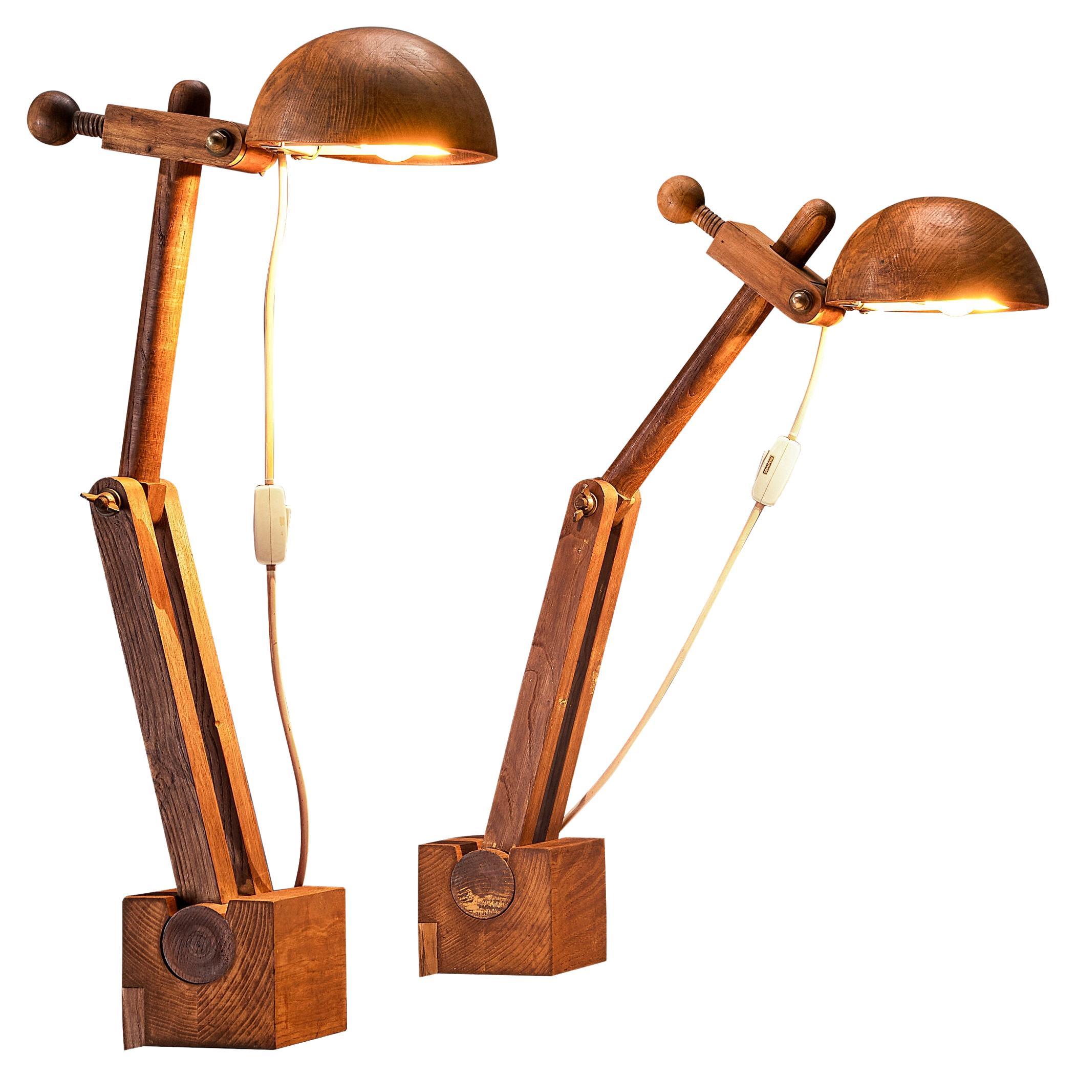 Paolo Pallucco Playful Table Clamp Lamps in Solid Chestnut 