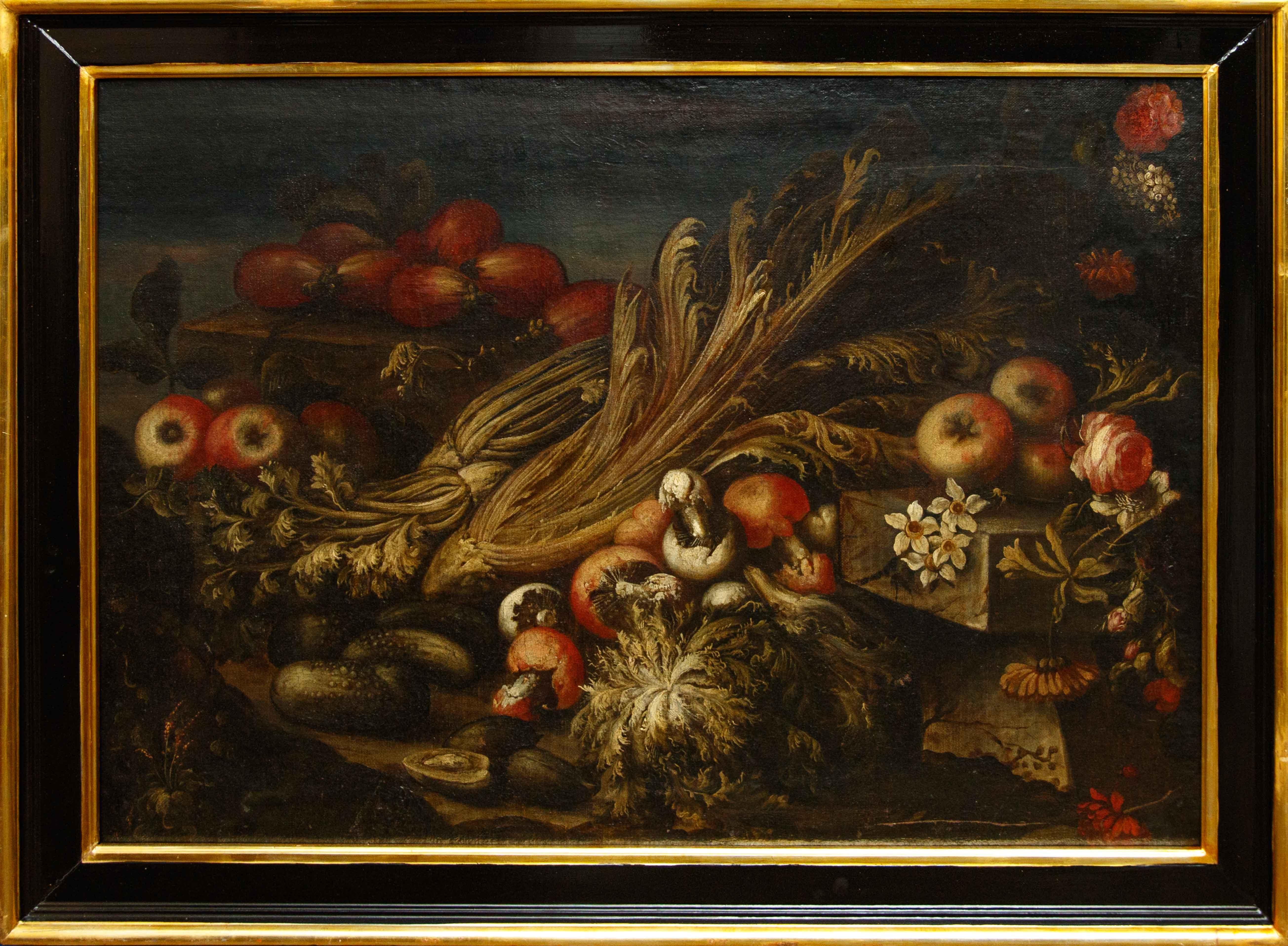 Di Paolo Paoletti, natura morta con frutta, verdura e funghi in vendita 1