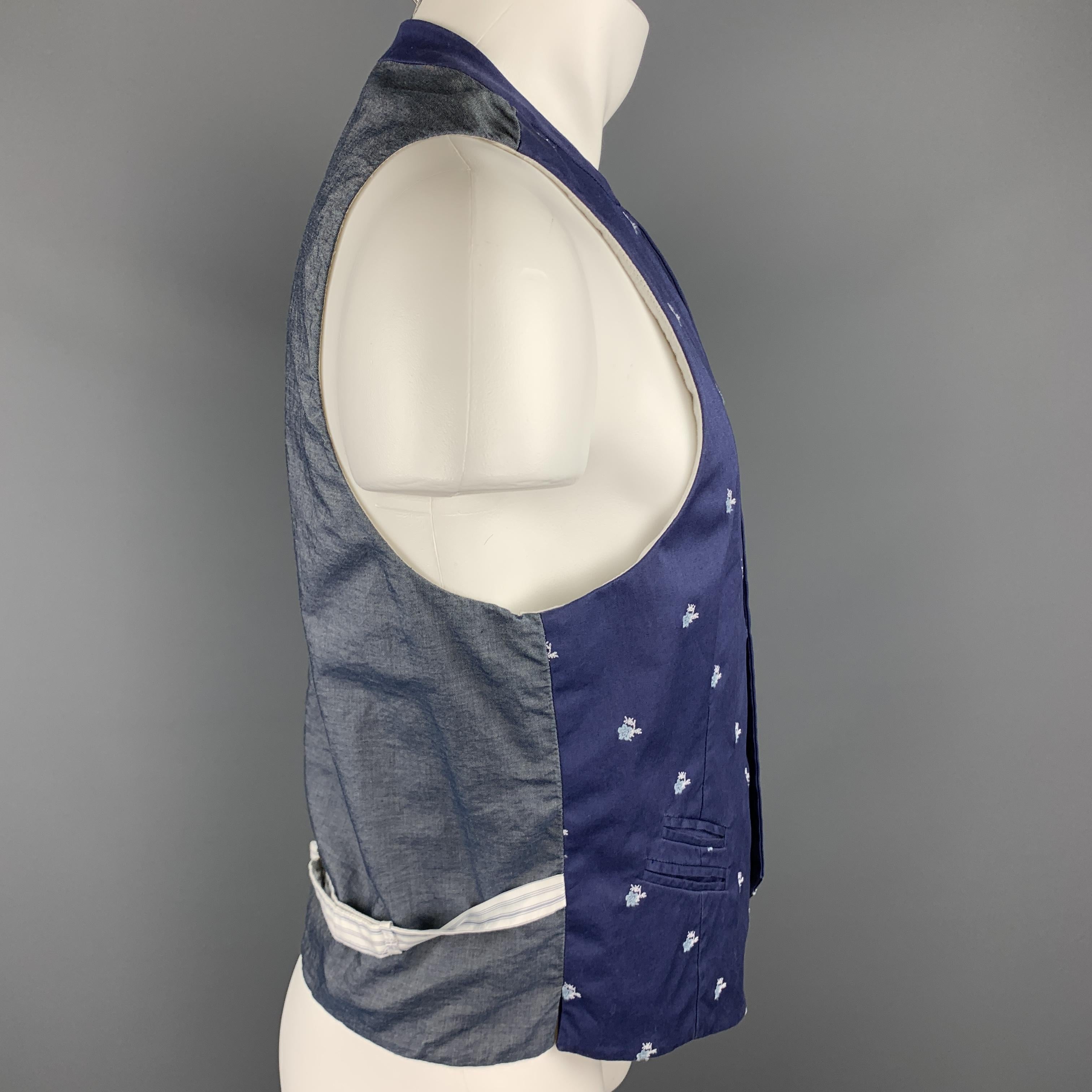 Men's PAOLO PECORA 38 Blue Floral Embroidered Cotton Inverted Notch Vest