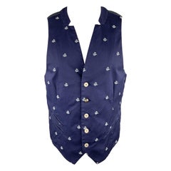 PAOLO PECORA 38 Blue Floral Embroidered Cotton Inverted Notch Vest