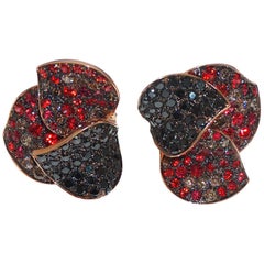 Paolo Piovan Black, Brown Diamonds and Garnet 18 Karat Gold Flower Earrings