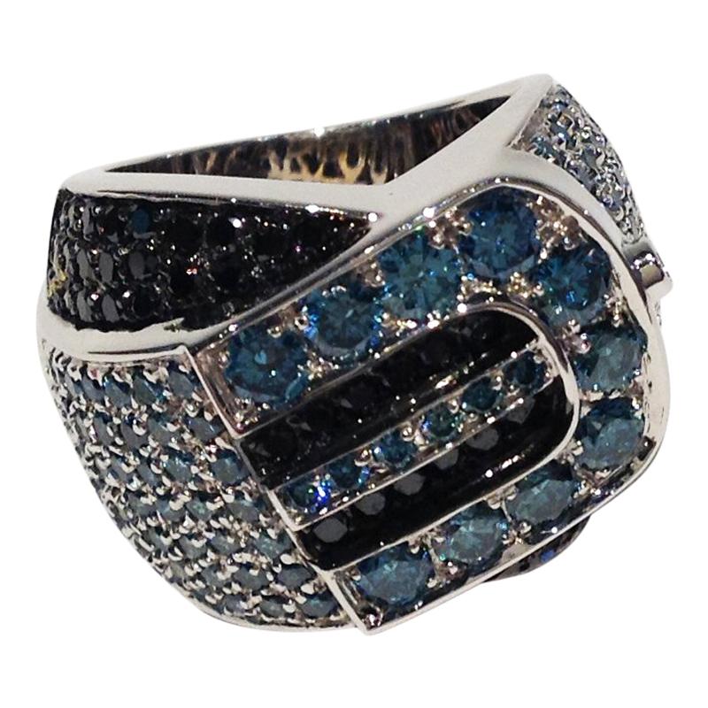 Paolo Piovan Black and Blue Diamonds 18 Karat White Gold Ring For Sale