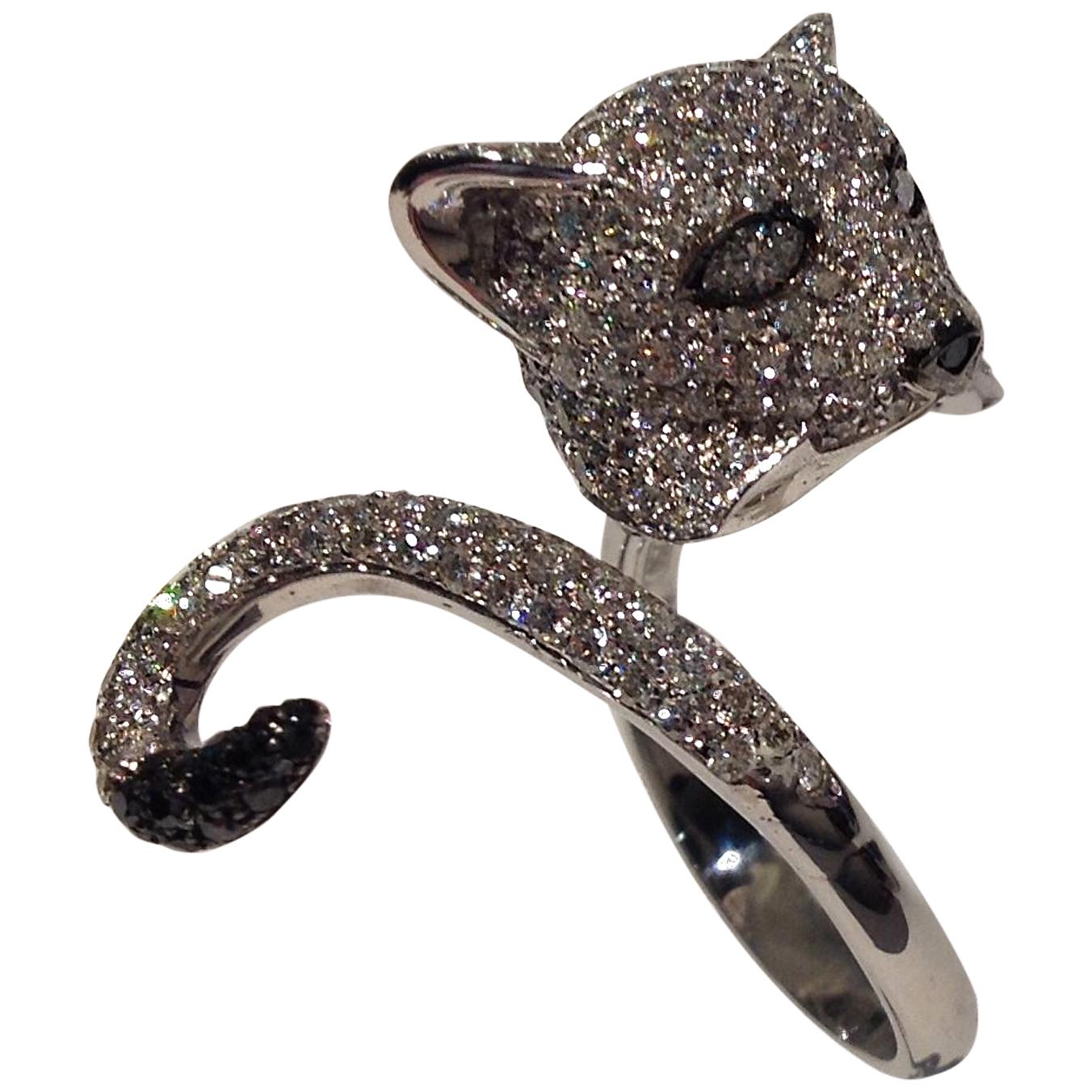 Paolo Piovan Black and White Diamonds 18 Karat White Gold Cat Ring For Sale