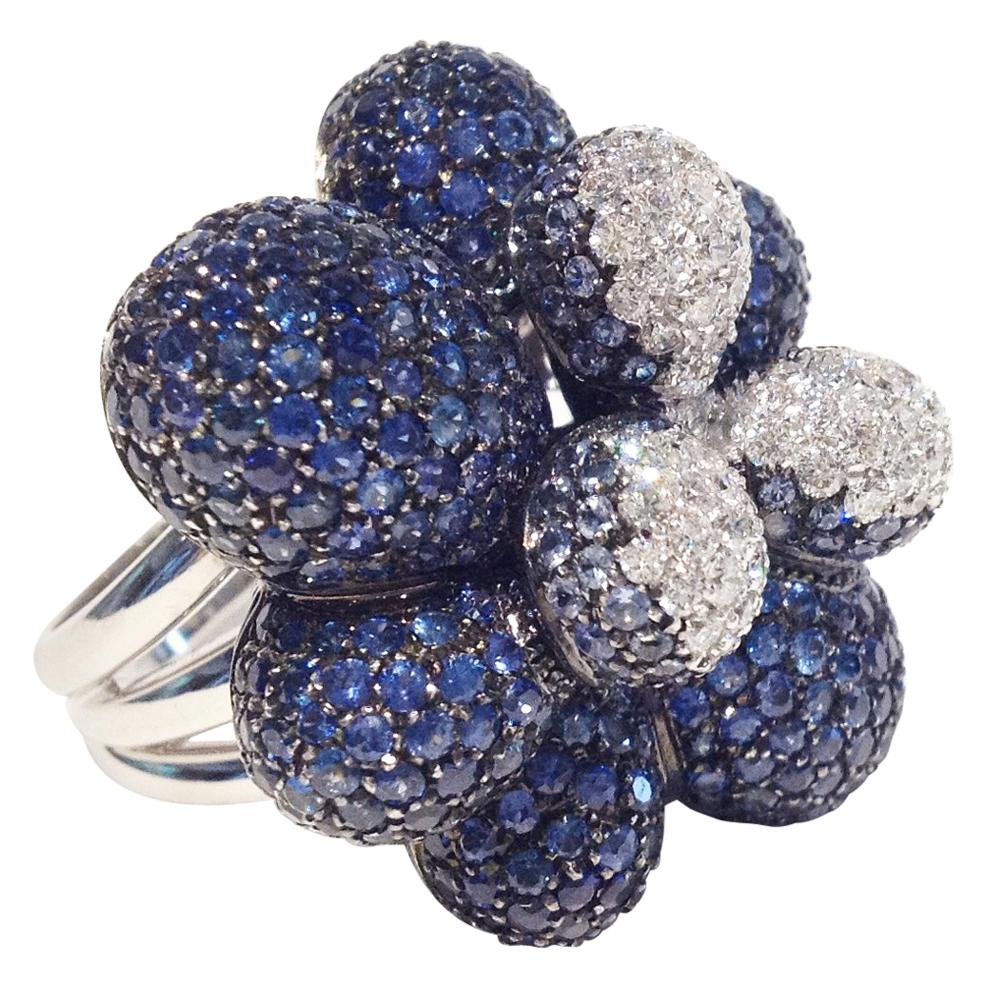 Paolo Piovan Blue Sapphires White Diamonds 18 Karat White Gold Ring For Sale