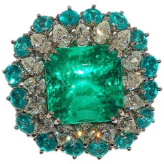 Paolo Piovan Diamonds, Paraiba Tourmalines, Colombia Emerald Cocktail Ring