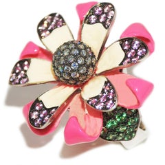 Paolo Piovan Diamonds, Pink Sapphires, Tsavorites, Flower Cocktail Ring Gold